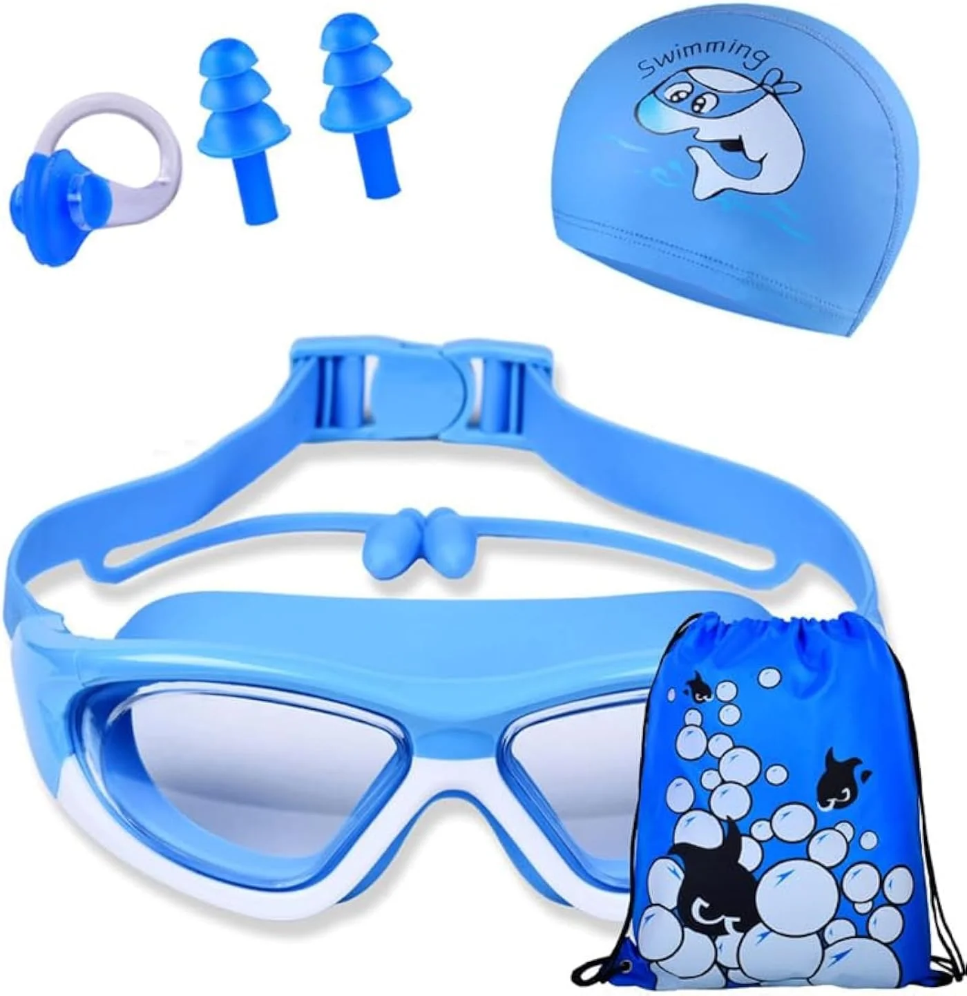 عینک شنای کودکانه به همراه کلاه شنا مناسب پسران و دختران 3 تا 14 سال، عینک شنا ضد نشت، ضد بخار، محافظت در برابر اشعه ماوراء بنفش، فریم سیلیکونی نرم، بند قابل تنظیم به همراه گوش گیر