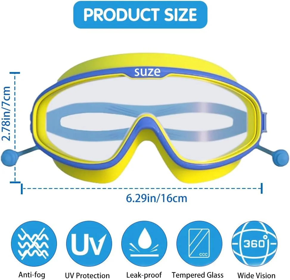 عینک شنا کودکان هستیپ، عینک شنا دید گسترده کودکان (3-14 سال)، ضد بخار، ضد آب، لنزهای محافظ UV، با گوش گیر و فریم سیلیکونی نرم، عینک شنا دید واضح 180 درجه (زرد)