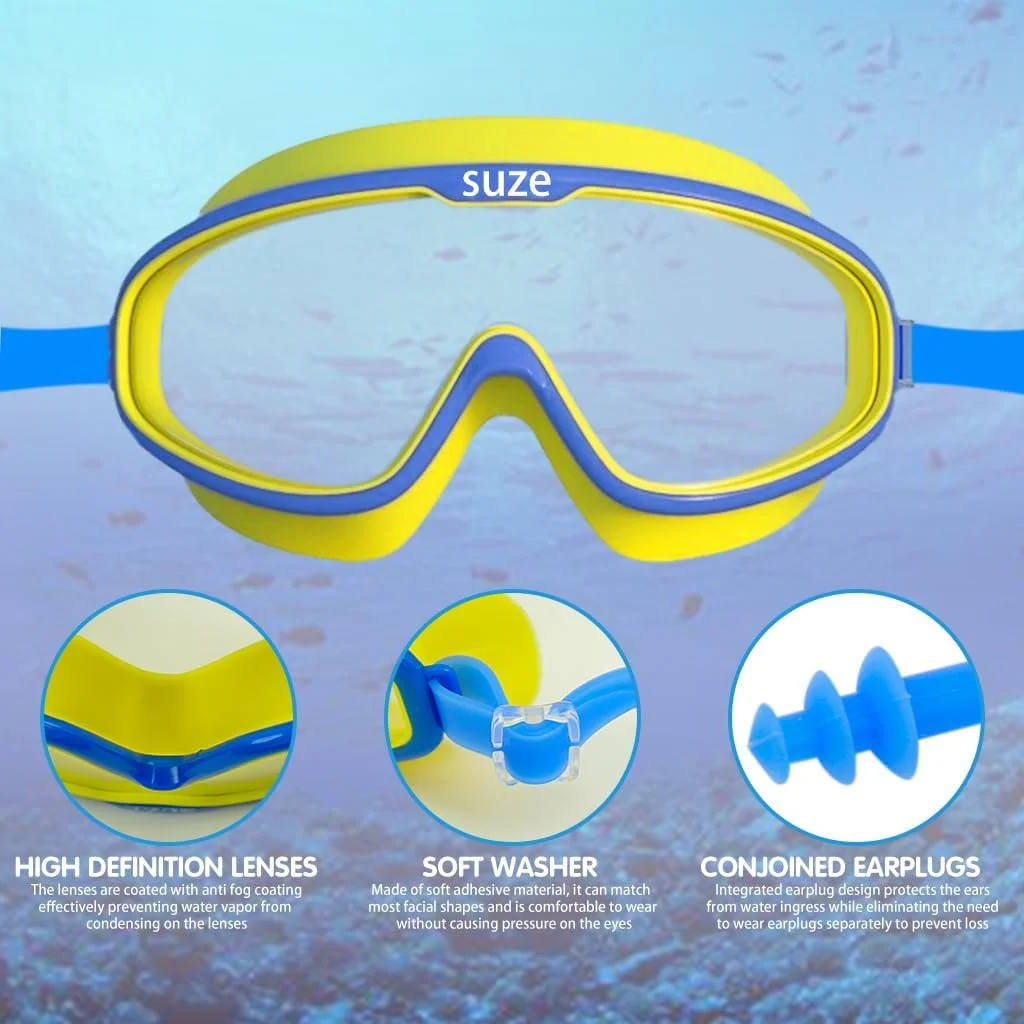 عینک شنا کودکان هستیپ، عینک شنا دید گسترده کودکان (3-14 سال)، ضد بخار، ضد آب، لنزهای محافظ UV، با گوش گیر و فریم سیلیکونی نرم، عینک شنا دید واضح 180 درجه (زرد)