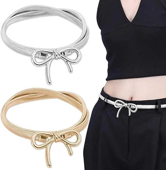 ست 2 عددی کمربند زنانه پاپیونی - کمربند باریک طلایی و نقره ای کمر، کمربند کشی الاستیک قابل تنظیم با گره پاپیونی برای پیراهن، شلوار جین و لباس کار (حداکثر 110 سانتی متر)