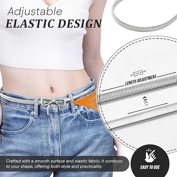 ست 2 عددی کمربند زنانه پاپیونی - کمربند باریک طلایی و نقره ای کمر، کمربند کشی الاستیک قابل تنظیم با گره پاپیونی برای پیراهن، شلوار جین و لباس کار (حداکثر 110 سانتی متر)