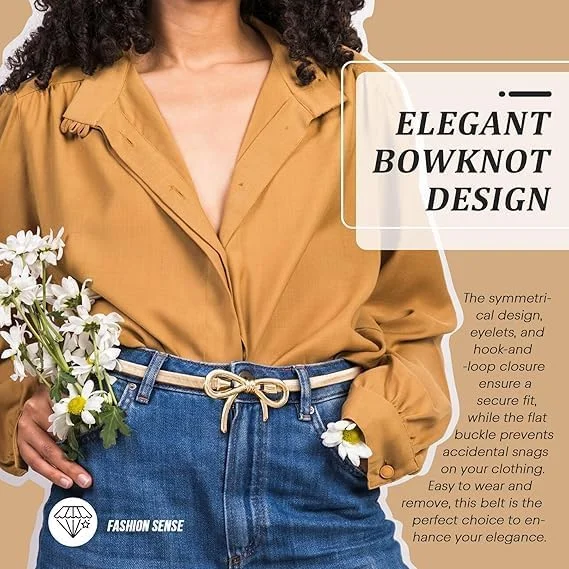 ست 2 عددی کمربند زنانه پاپیونی - کمربند باریک طلایی و نقره ای کمر، کمربند کشی الاستیک قابل تنظیم با گره پاپیونی برای پیراهن، شلوار جین و لباس کار (حداکثر 110 سانتی متر)