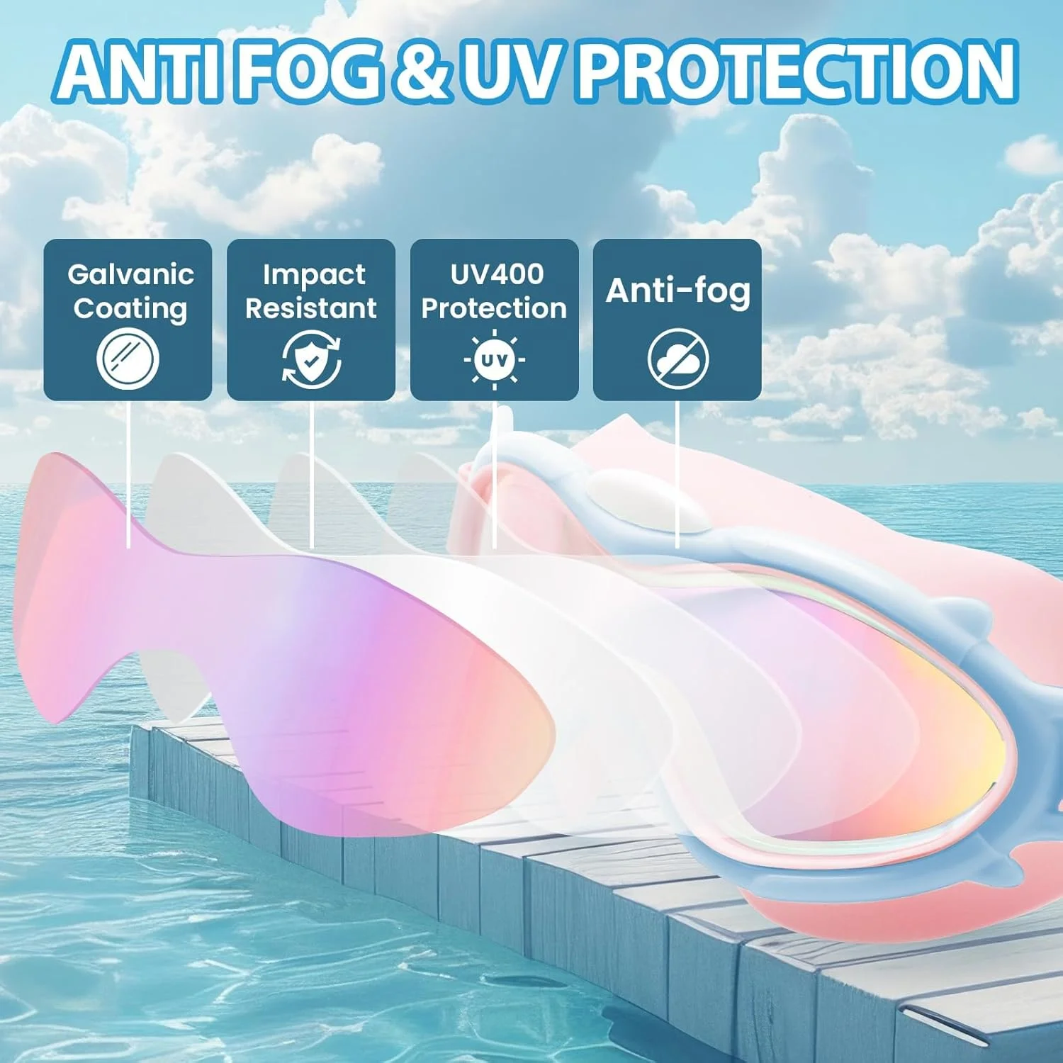 عینک شنای کودکان، عینک شنا برای کودکان 6 تا 14 سال، عینک استخر ضد مه با محافظت UV برای پسران و دختران