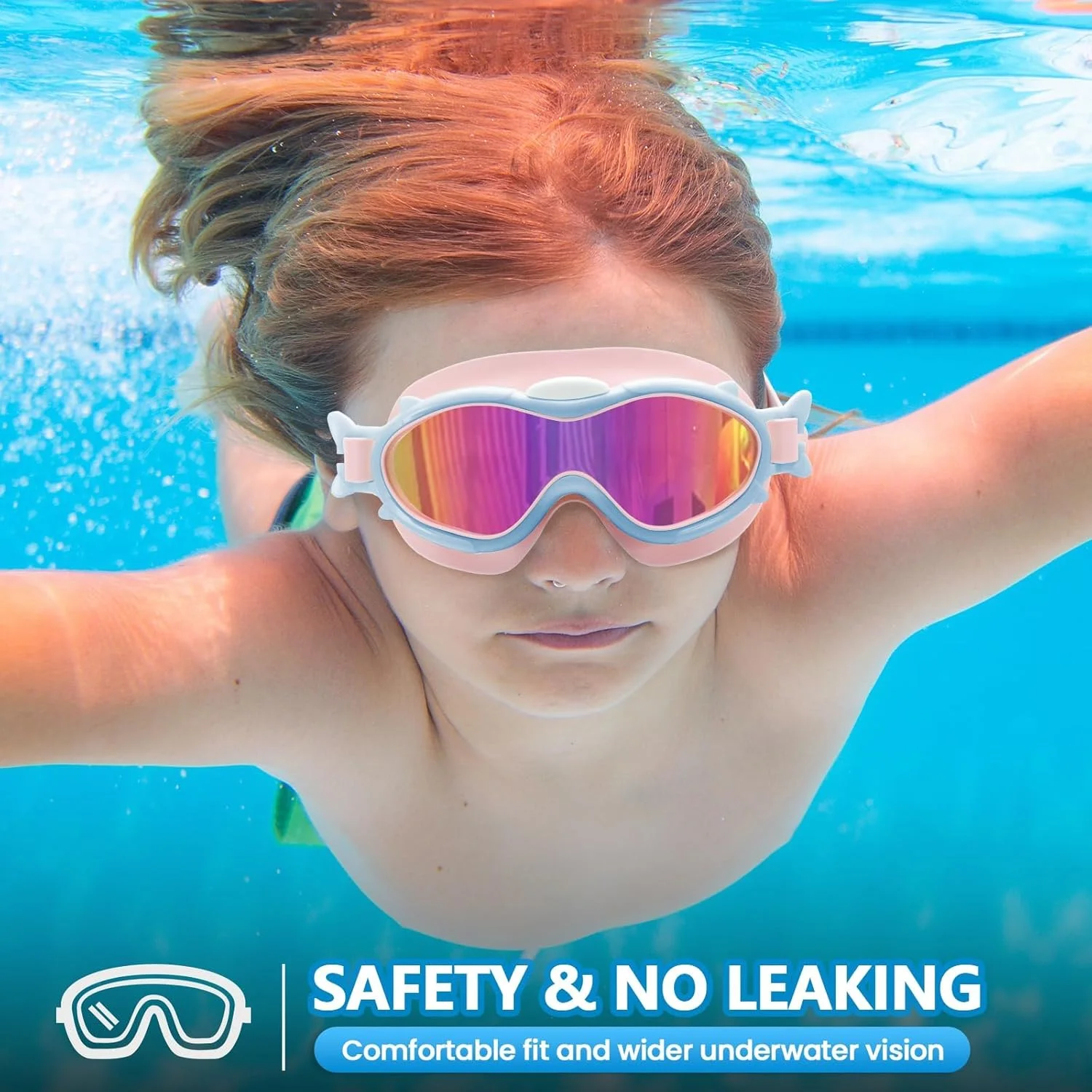 عینک شنای کودکان، عینک شنا برای کودکان 6 تا 14 سال، عینک استخر ضد مه با محافظت UV برای پسران و دختران