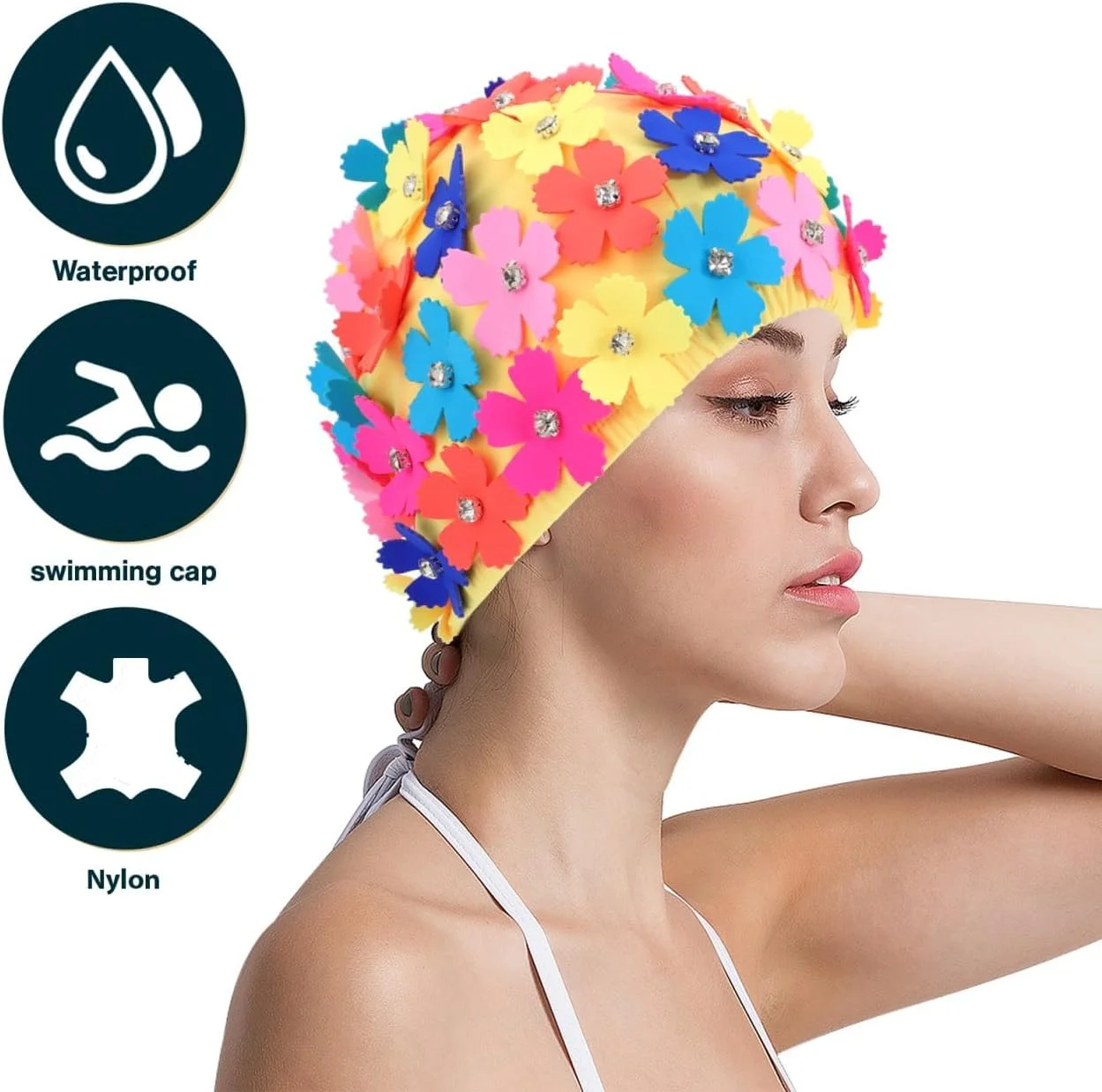 کلاه شنای گلدار زنانه، کلاه حمام پارچه ای با گل های سه بعدی، کلاه شنای سبک رترو برای بانوان، دختران، موهای بلند و کوتاه، لوازم جانبی استخر و ساحل