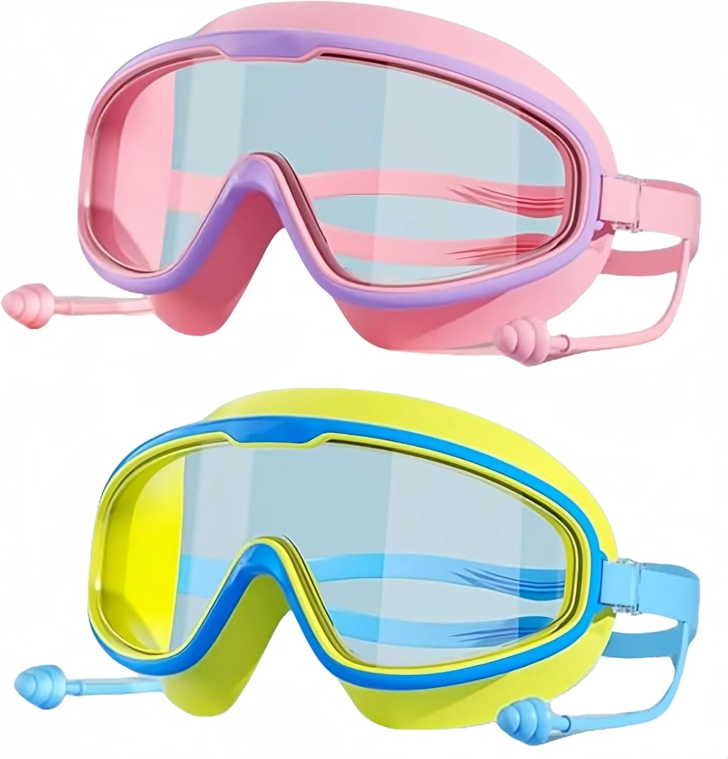 عینک شنا برای کودکان 3 تا 14 سال - بسته 2 عددی، ضد بخار، ضد آب، لنزهای محافظ UV - عینک شنای ورزشی کودکان با دید گسترده 180 درجه با گوش گیر سیلیکونی، بند قابل تنظیم، طراحی پل بینی انعطاف پذیر