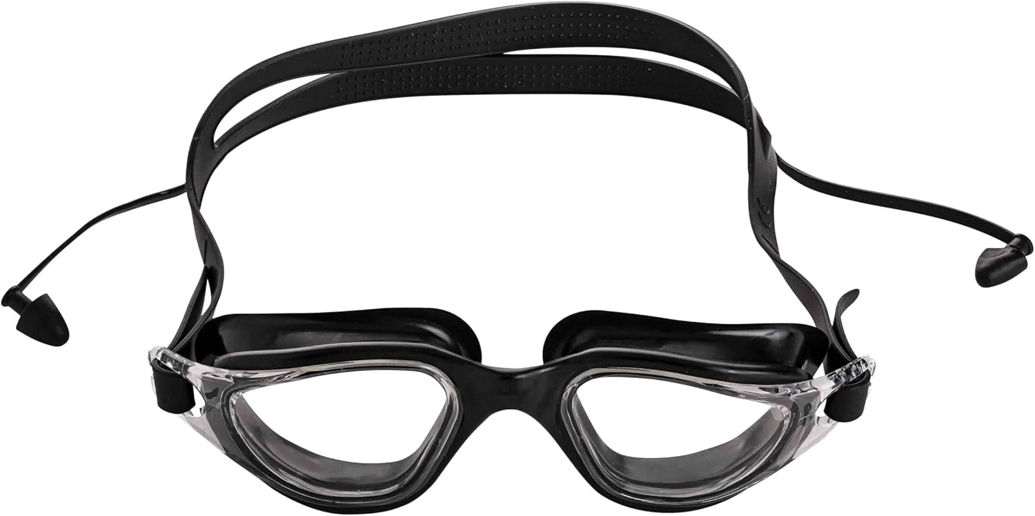 عینک شنا شیک EL1002 با پوشش ضد بخار و محافظت در برابر اشعه ماوراء بنفش | مشکی | جنس: سیلیکون، پلاستیک | دارای بند قابل تنظیم و گوش گیر | واشر سیلیکونی نرم برای جلوگیری از نشت | همراه با جعبه سخت