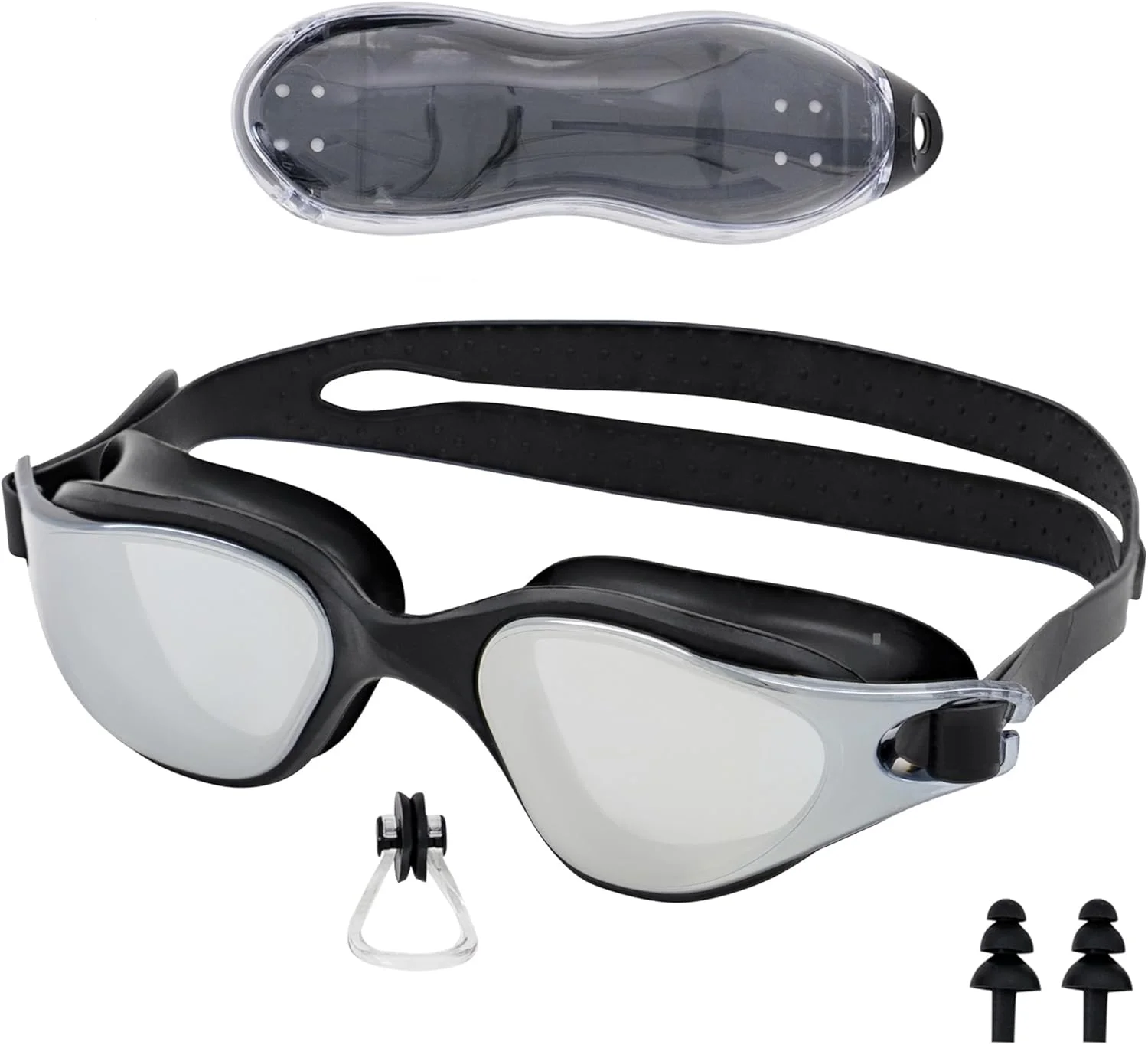 عینک شنا انرژی‌زایز | گوش‌گیر شنا | گیره بینی | عینک شنا برای آقایان و بانوان | بند سر قابل تنظیم | دید پانورامیک ۱۸۰ درجه | محافظت در برابر اشعه ماوراء بنفش | عینک شنا ضد نشت بزرگسالان