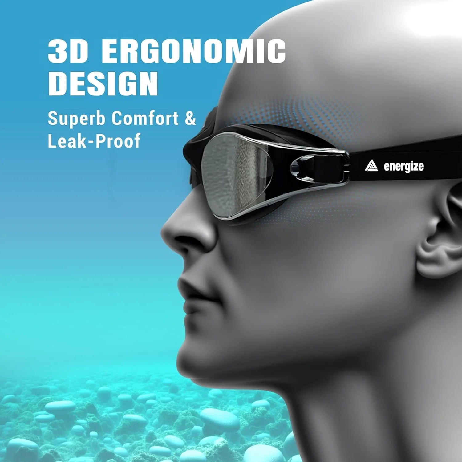 عینک شنا انرژی‌زایز | گوش‌گیر شنا | گیره بینی | عینک شنا برای آقایان و بانوان | بند سر قابل تنظیم | دید پانورامیک ۱۸۰ درجه | محافظت در برابر اشعه ماوراء بنفش | عینک شنا ضد نشت بزرگسالان