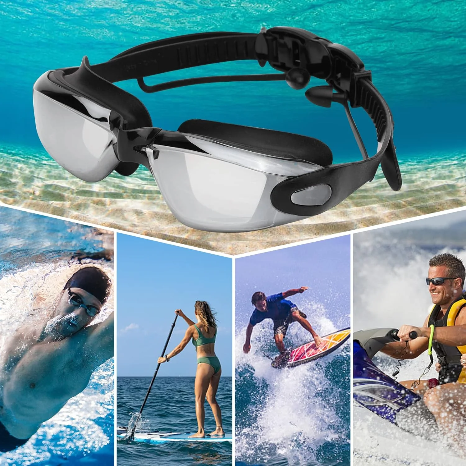 عینک شنای طبی برای افراد نزدیک بین با نمره 2.0- تا 8.0-، ضد بخار، لنز شفاف، بدون نشتی و محافظت در برابر اشعه ماوراء بنفش