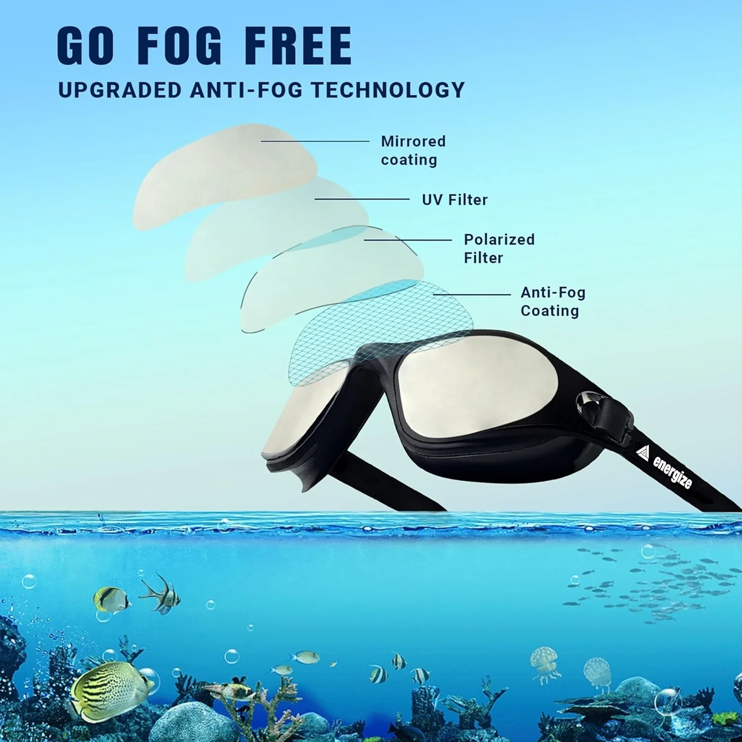 عینک شنا انرژی‌زایز | گوش‌گیر شنا | گیره بینی | عینک شنا برای آقایان و بانوان | بند سر قابل تنظیم | دید پانورامیک ۱۸۰ درجه | محافظت در برابر اشعه ماوراء بنفش | عینک شنا ضد نشت بزرگسالان