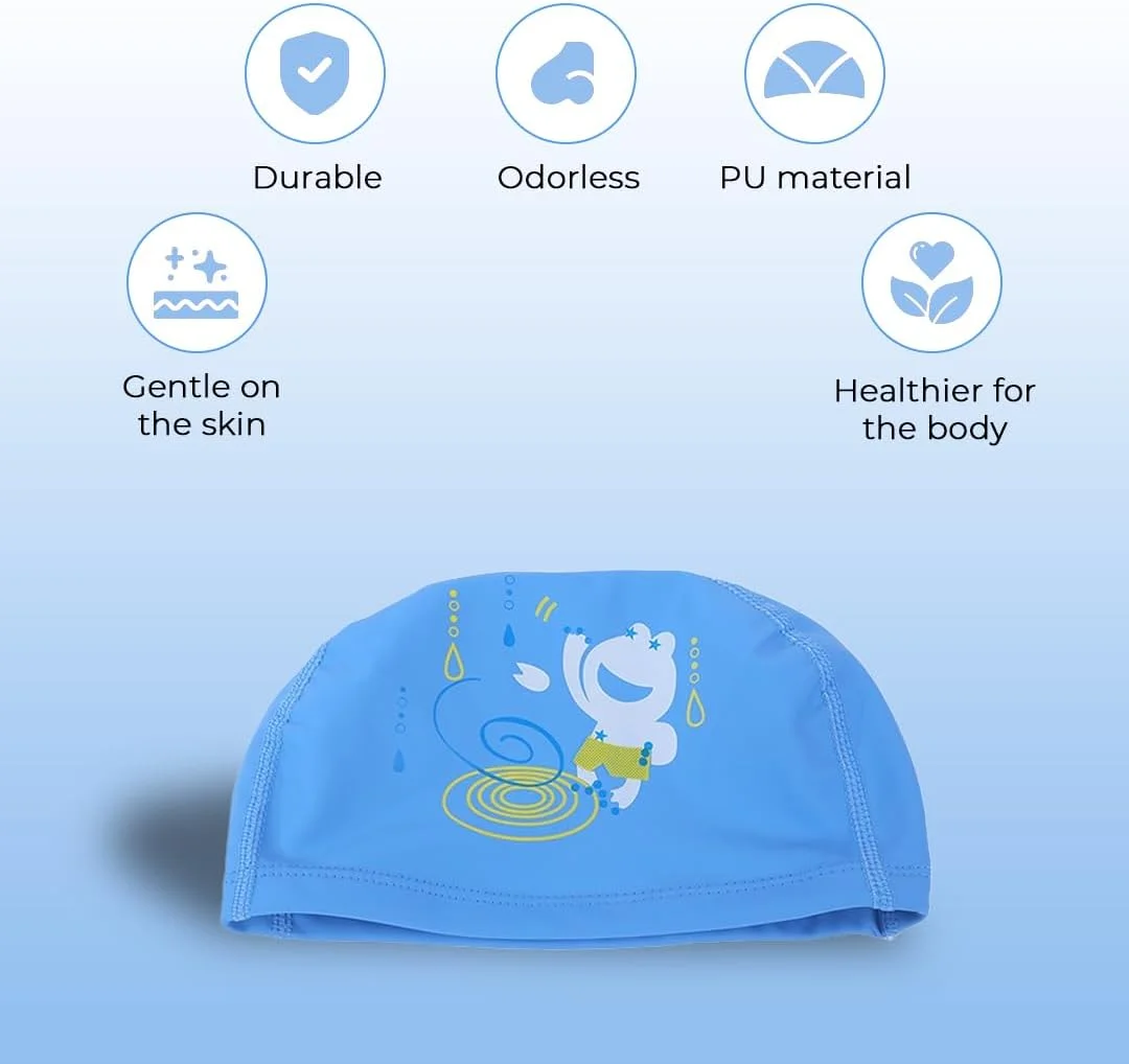 کلاه شنای راحت مدل EL1017 با طرح کارتونی، جنس PU، آبی، ضد آب و کشسان، مناسب موهای بلند و کوتاه، لبه ضخیم تر، مخصوص کودکان