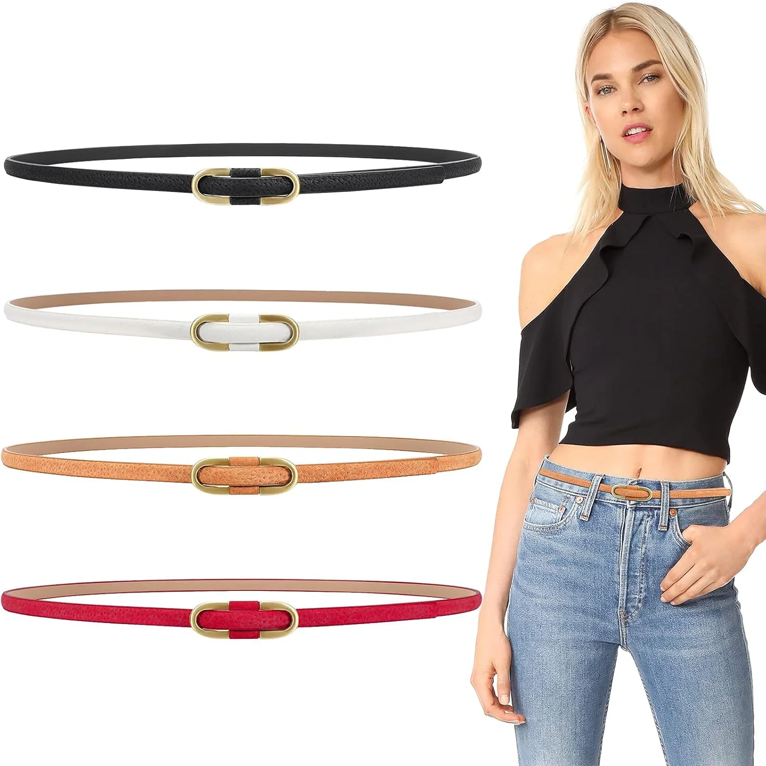 کمربند چرمی باریک و ظریف زنانه بدون سگک برای شلوار جین و لباس، 4 عدد، سایز آزاد