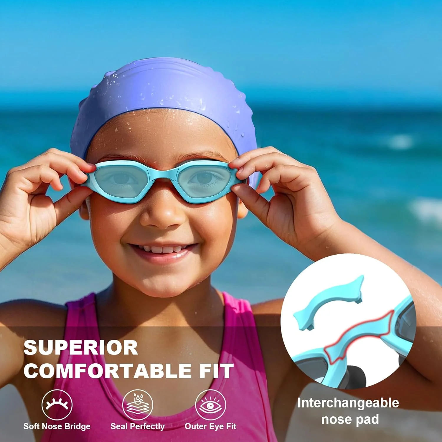 عینک شنا بچه گانه، ضد بخار فوق العاده، بدون نشتی، عینک شنا برای کودکان 5-14 ساله دختر و پسر