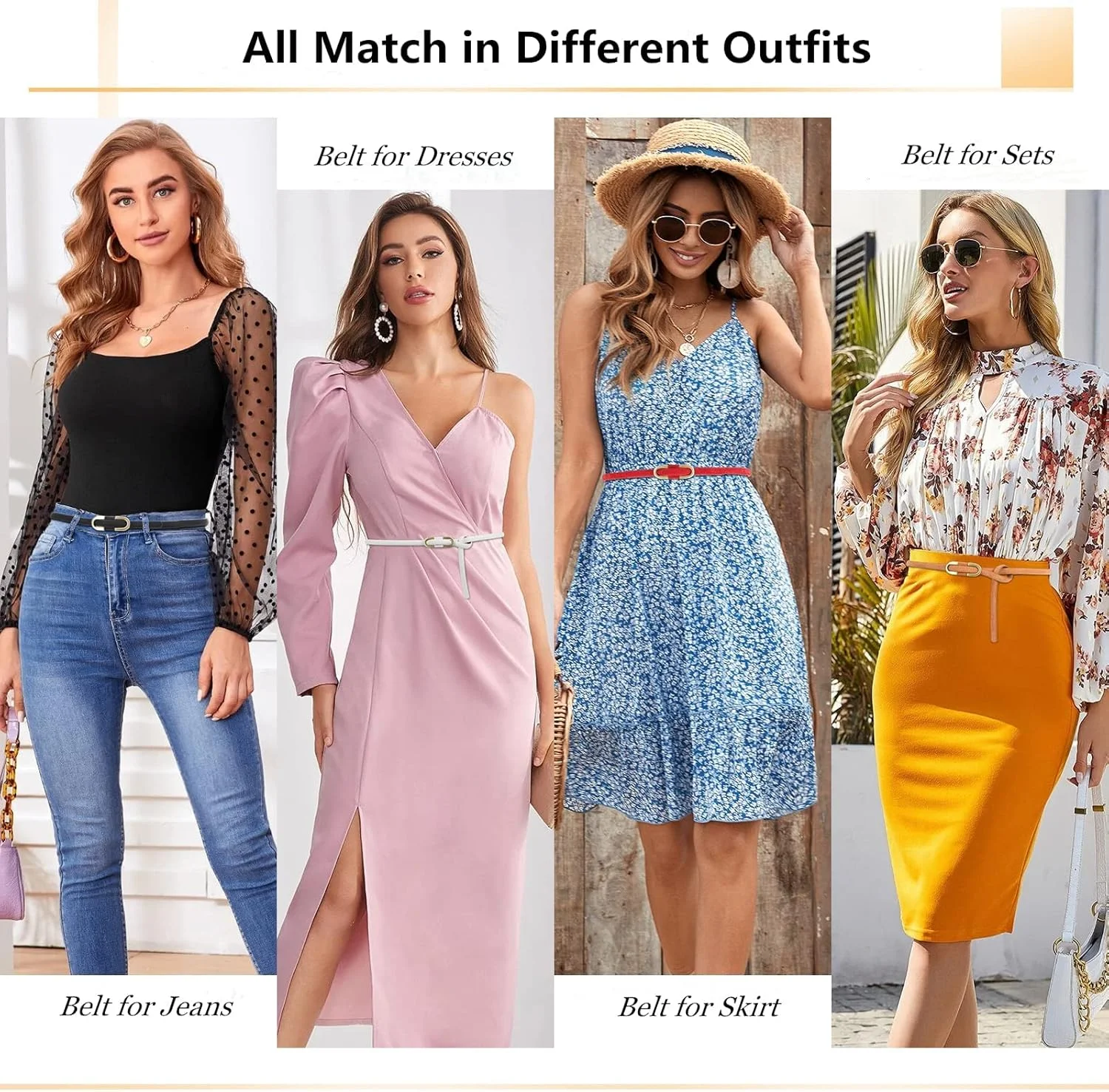 کمربند چرمی باریک و ظریف زنانه بدون سگک برای شلوار جین و لباس، 4 عدد، سایز آزاد