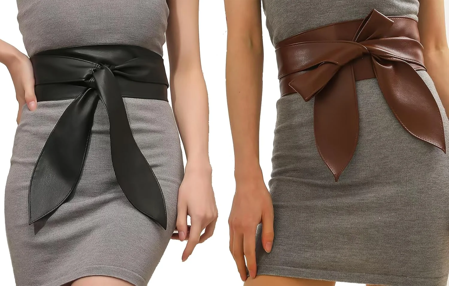 ست دو عددی کمربند زنانه چرمی، کمربندهای مشکی و قهوه ای برای دور کمر بانوان، کمربند پهن و نرم با بند بلند اضافی برای دختران، کمربند فشن زنانه برای پیراهن، کت، شلوار و جین (پاپیون روبانی)