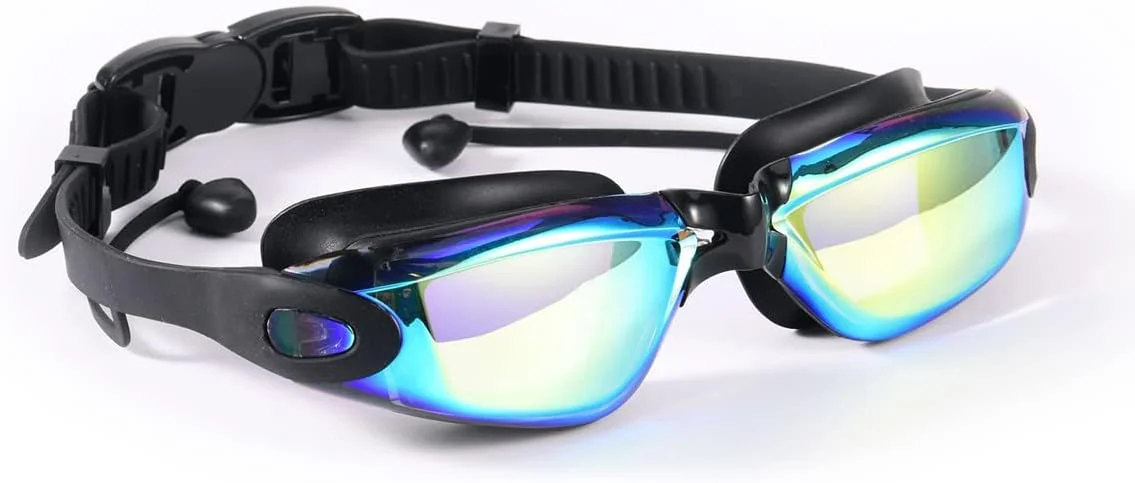 عینک شنا با روکش آبکاری شده به همراه گوش گیر، ضد بخار، ضد اشعه ماوراء بنفش، دارای پل بینی انعطاف پذیر و بند قابل تنظیم، بدون نشتی، مناسب استخر