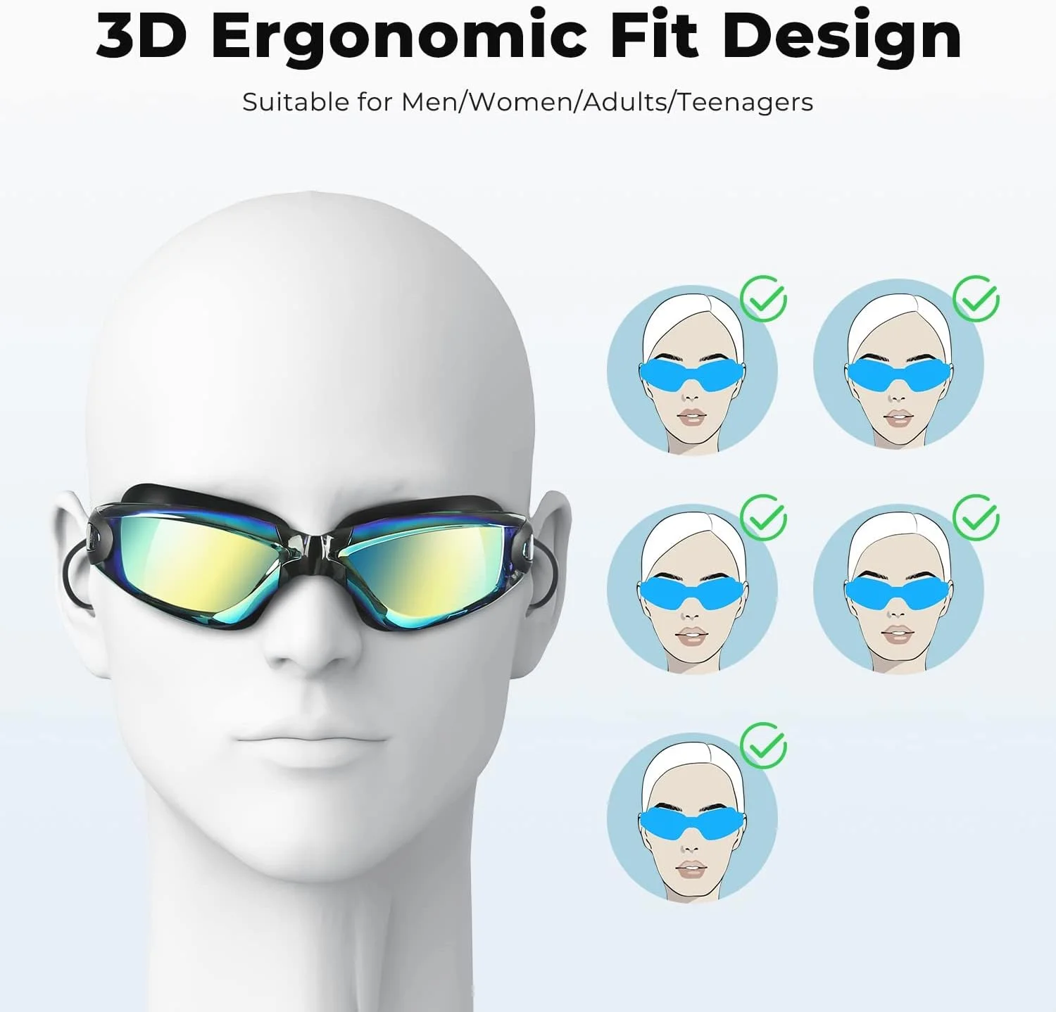 عینک شنا با روکش آبکاری شده به همراه گوش گیر، ضد بخار، ضد اشعه ماوراء بنفش، دارای پل بینی انعطاف پذیر و بند قابل تنظیم، بدون نشتی، مناسب استخر
