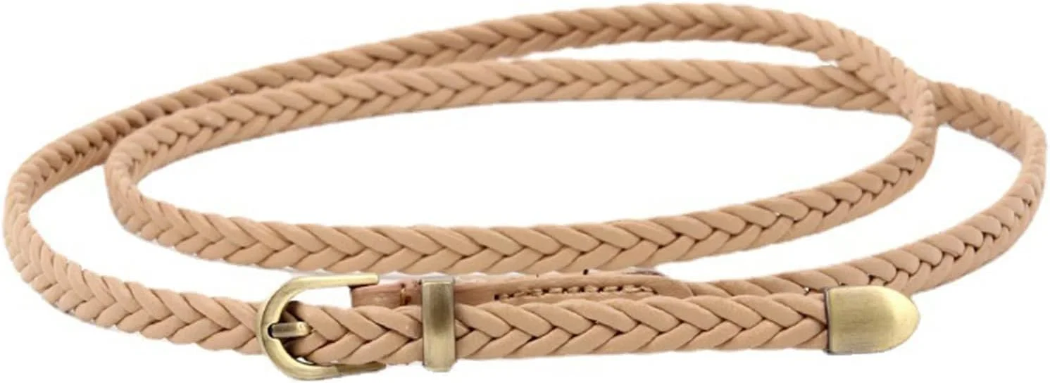 کمربند باریک بافت زنانه - کمربند بافته شده نازک چرمی مصنوعی برای پیراهن، شلوار - کمربند قابل تنظیم مد روز برای زنان و دختران (خاکی)