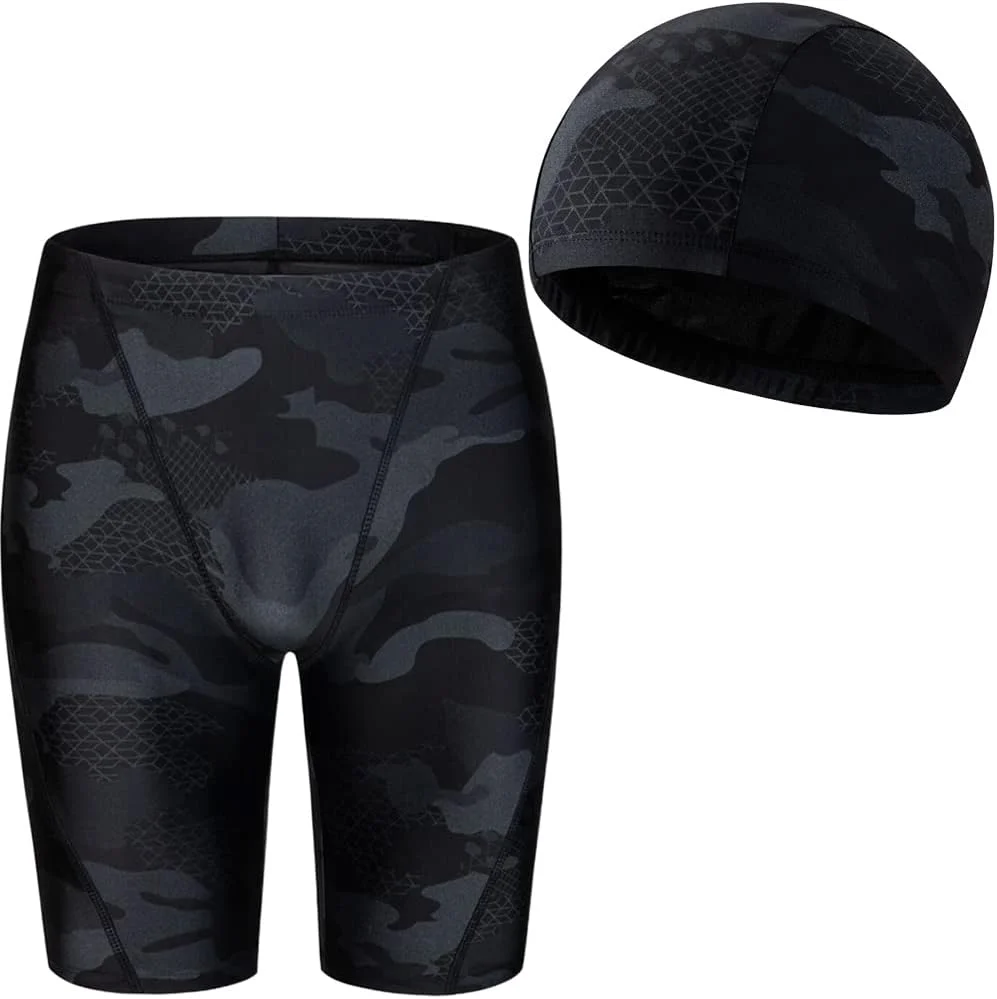 ست مایو مردانه Cici شامل شلوار شنای مشکی و کلاه شنا، شلوارک شنای طرح چریکی، لایه نرم در ناحیه فاق، مناسب برای تمرین شنا