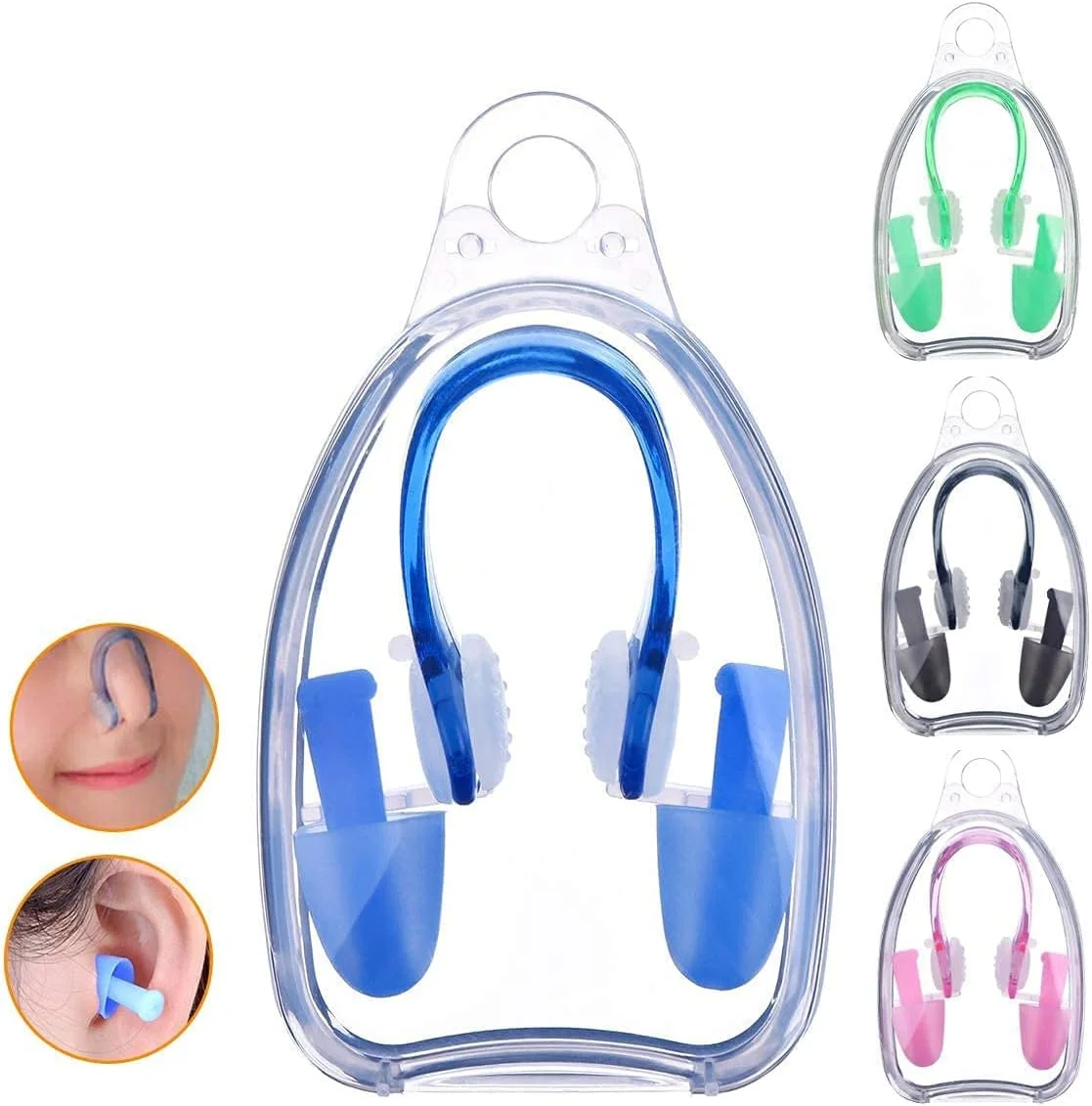 مجموعه 4 عددی گیره بینی و گوش گیر برای شنا، گیره بینی و گوش گیر سیلیکونی نرم، محافظت از بینی و گوش برای مبتدیان، ایده آل برای کودکان و بزرگسالان، مشکی/صورتی/سبز/آبی