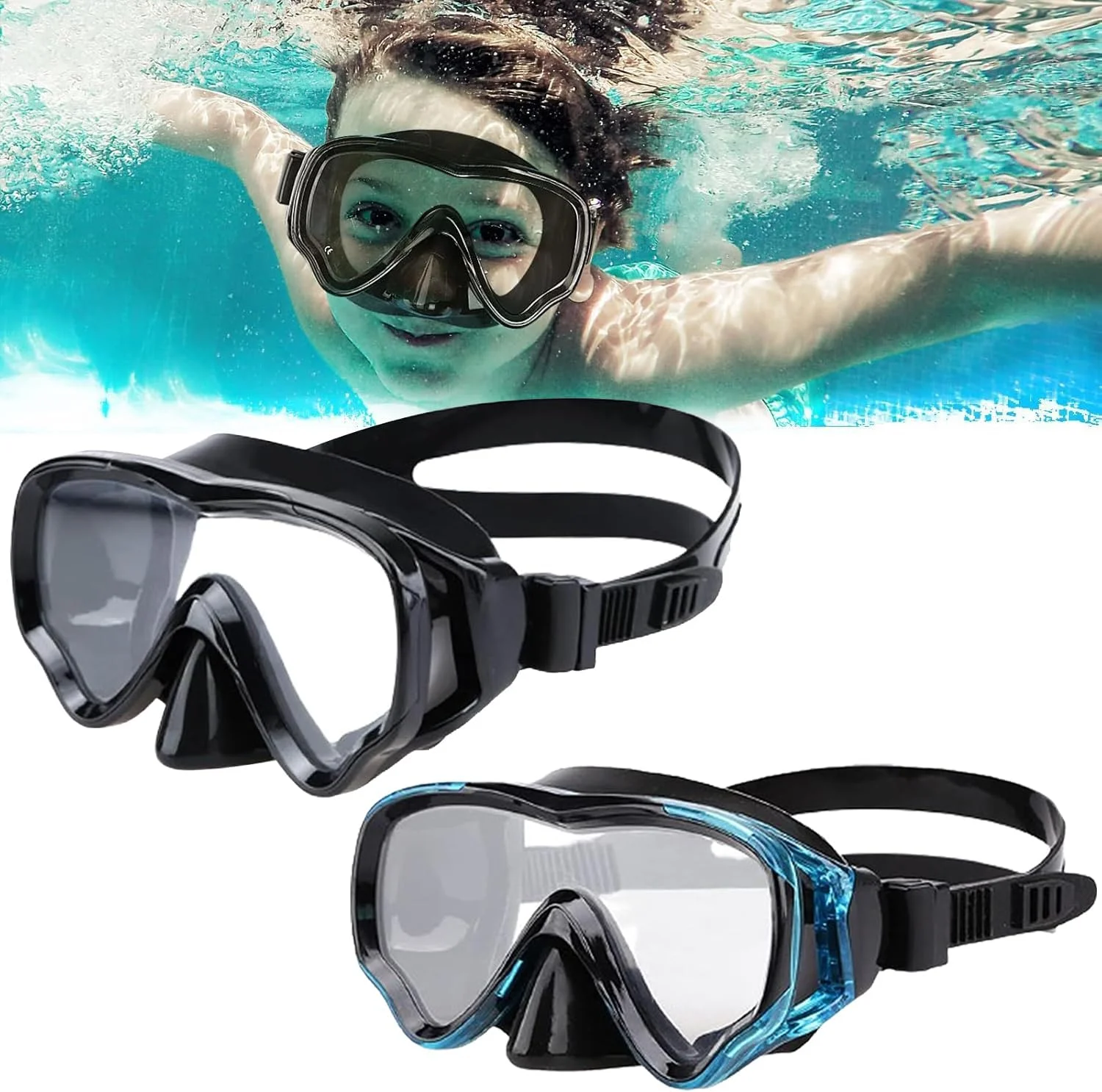 عینک غواصی کودکان، عینک غواصی، ماسک غواصی پانورامیک 180 درجه ضد مه و ضد نشت، عینک شنا برای کودکان 5-12 سال، عینک غواصی بادوام با شیشه حرارت دیده (رنگ های مختلف)
