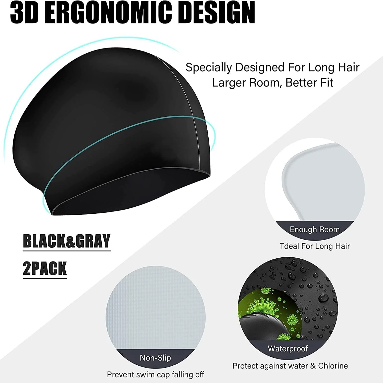 کلاه شنا سیلیکونی DMG، بسته 2 عددی کلاه شنا ضد آب با آب بندی مناسب، کلاه شنا سیلیکونی بادوام با بافت ضد لغزش برای بزرگسالان، مردان، زنان، موهای بلند، نگهدارنده مو