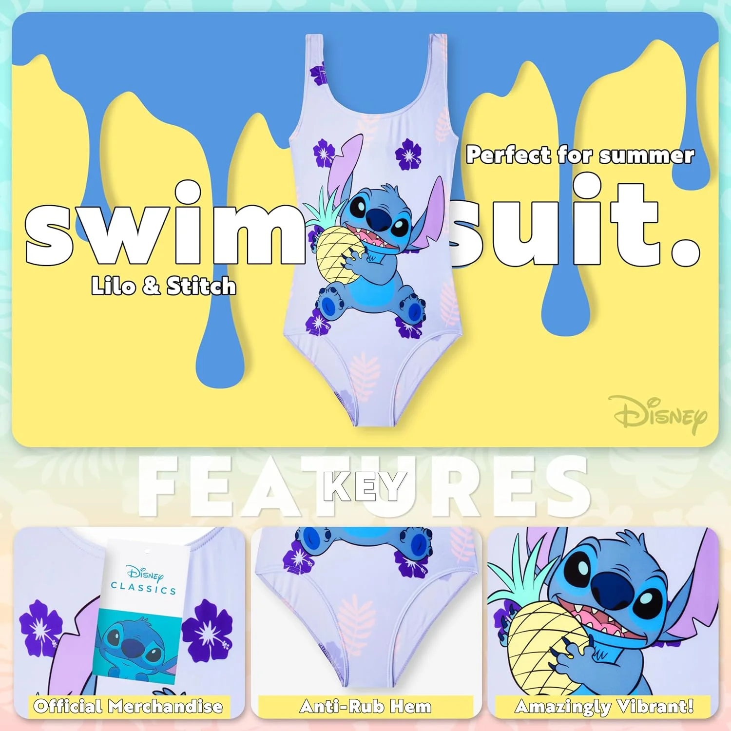 لباس شنای دیزنی استیچ دخترانه مناسب تعطیلات تابستانی، مینی موس، فروزن، آریل، مناسب کودکان نوپا، نوجوانان و بچه ها، لباس شنا یک تکه مناسب ساحل و استخر، سایز 2 تا 14 سال