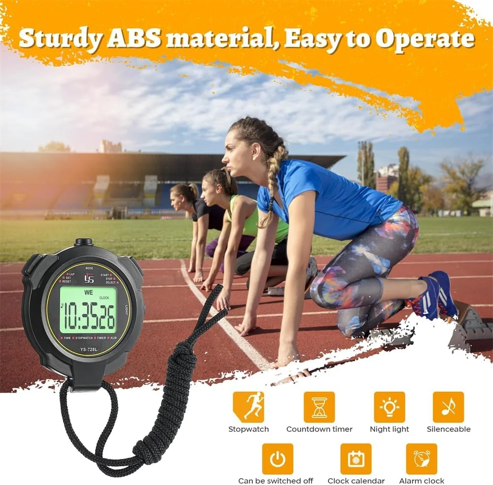 کرنومتر ضد آب، کرنومتر تک ردیفه تک دور، با نور پس زمینه، شمارش معکوس، نمایش زمان، مناسب برای شنا و دویدن
