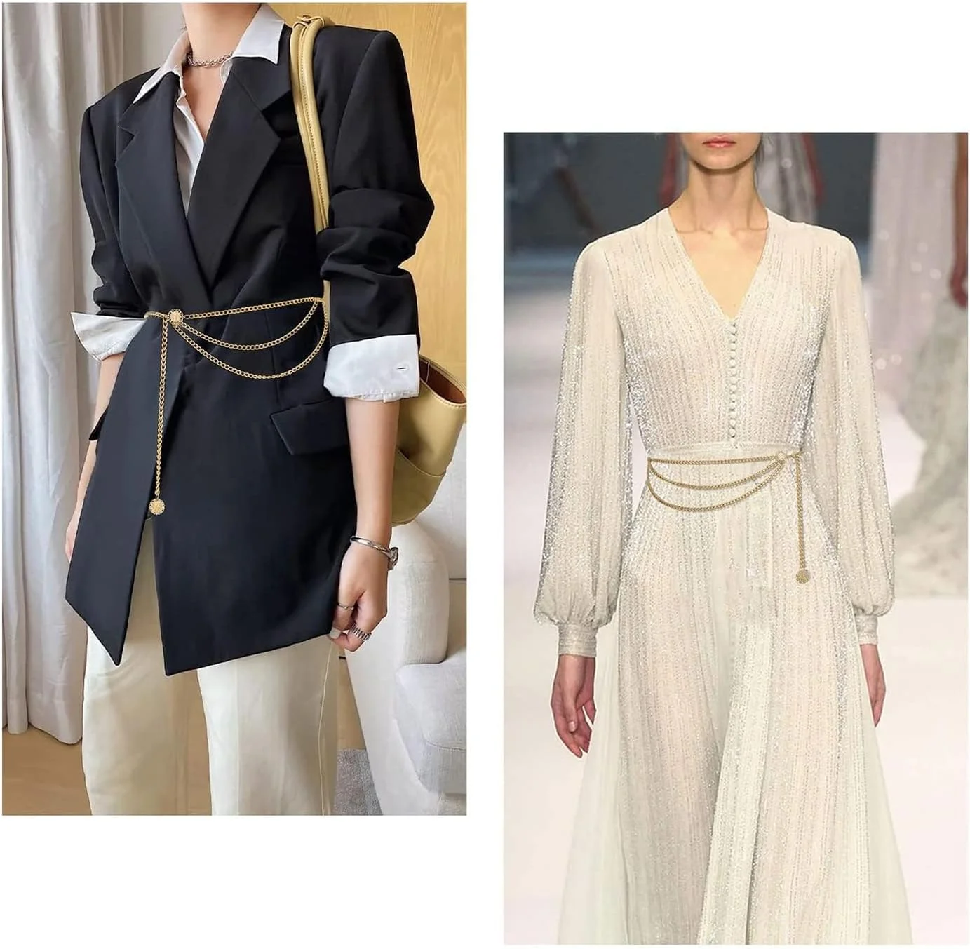 کمربند زنجیری فلزی خازنا، کمربندهای زنجیری چند لایه برای دامن شلوار جین، مناسب دختران و زنان (طلایی)