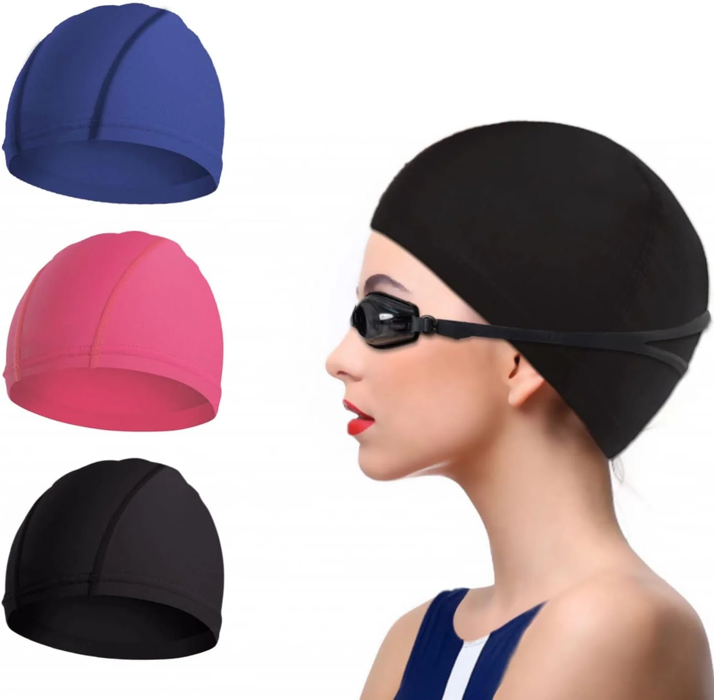 ست ۳ عددی کلاه شنا پارچه ای راحت، کلاه شنا پارچه پلی استر کشی با کیفیت عالی، مناسب برای آقایان و بانوان، کلاه شنا سبک وزن برای ورزش های آبی، ۳ رنگ