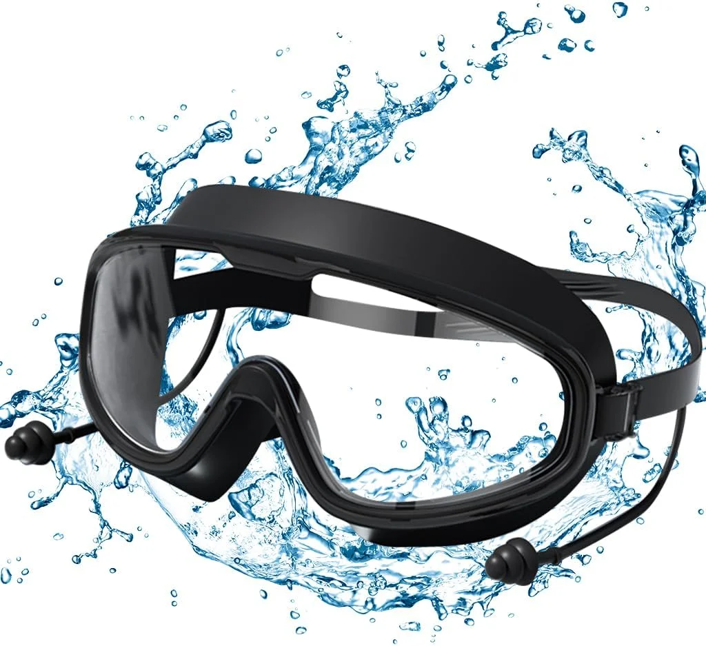 عینک شنا بزرگسال HASTHIP®، عینک شنا حرفه ای مسابقه ای با فریم بزرگ به همراه گوش گیر ضد آب، ضد مه و محافظت در برابر اشعه ماوراء بنفش برای موج سواری و قایقرانی، مشکی