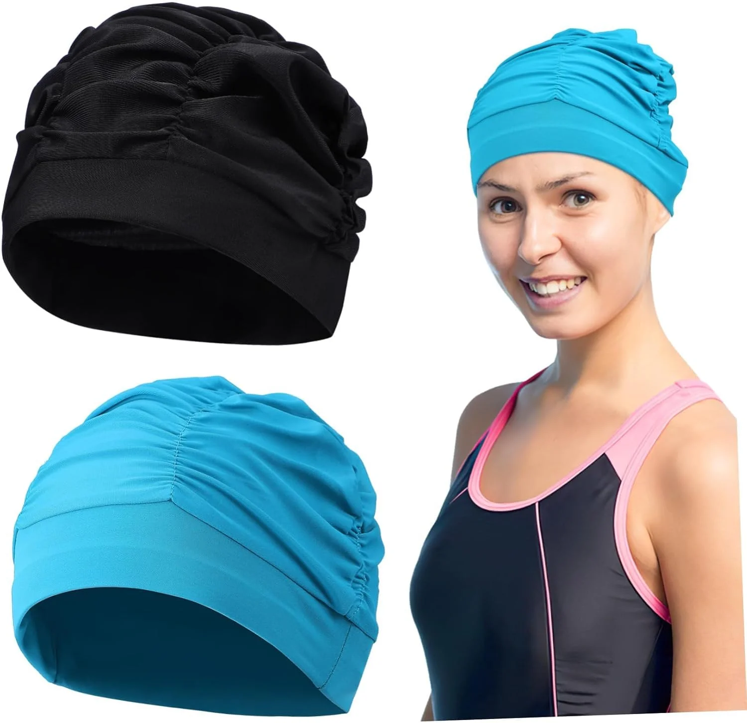 کلاه شنا زنانه، 2 عدد کلاه شنا پارچه ای، کلاه شنای راحت و کشسان چین دار و تنفسی برای موهای بلند برای حفظ مدل مو