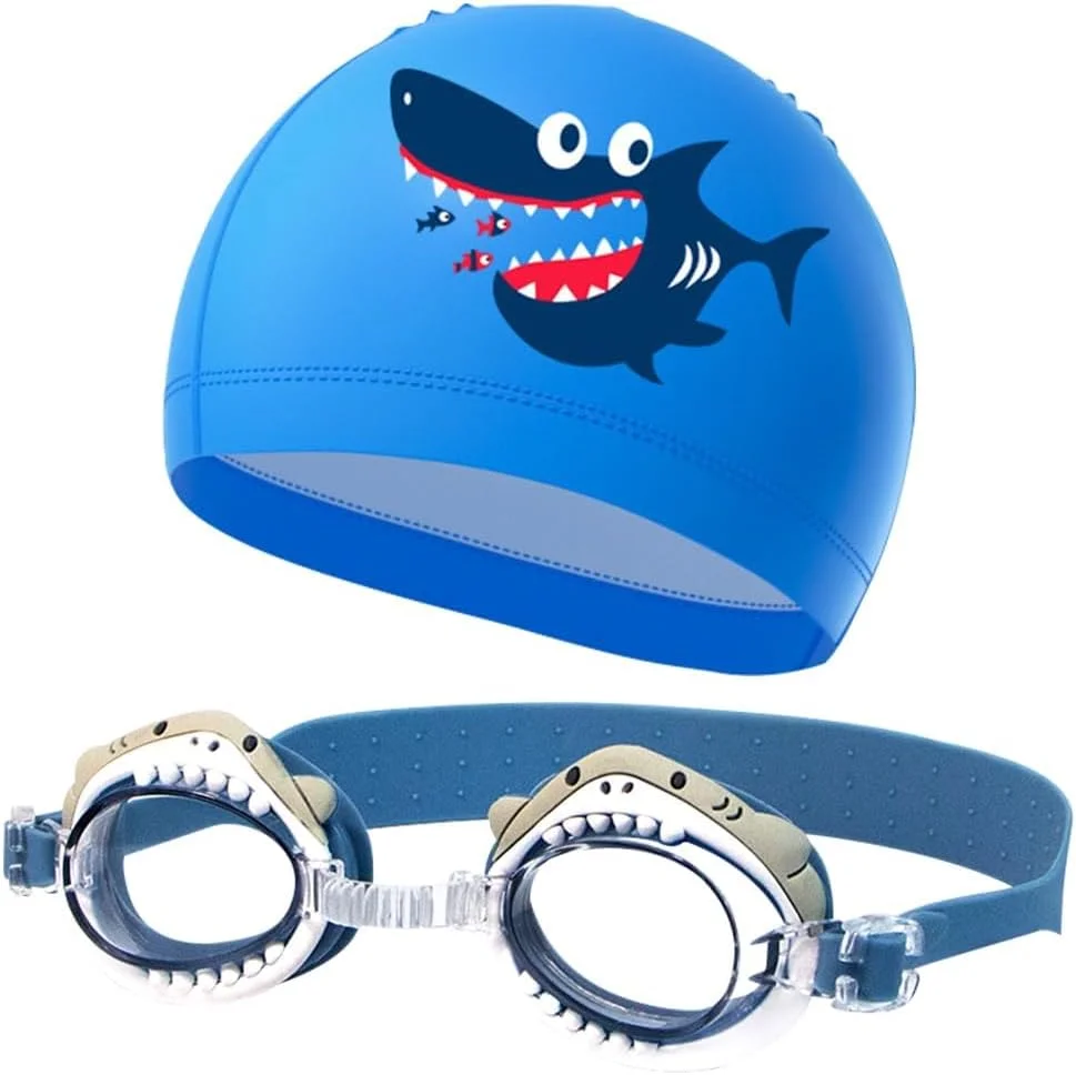 ست 2 عددی عینک و کلاه شنا برای کودکان، عینک شنای کودکان با سیلیکون نرم و ایمن، کلاه شنای جذاب، عینک شنای قابل تنظیم برای کودکان، پسران، دختران و نوجوانان 3 تا 15 سال (آبی)