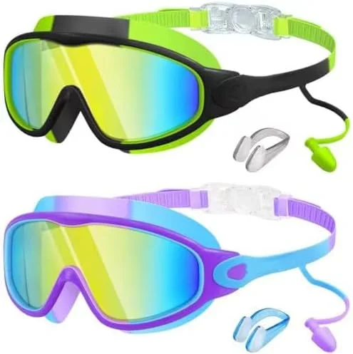 عینک شنا کودکانه، ضد بخار با محافظت 100% در برابر اشعه ماوراء بنفش، ضد نشت و ضد آب، دید پانورامایی 180 درجه، عینک استخری پلاریزه برای کودکان (2 عدد)