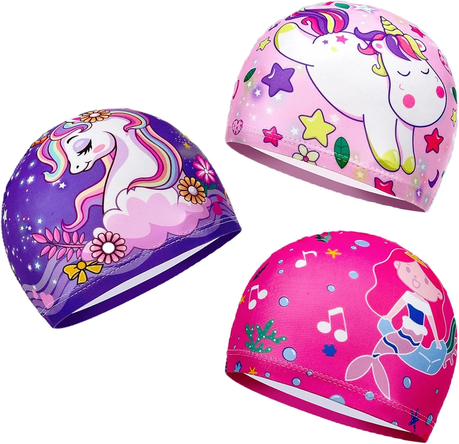 ست ۳ عددی کلاه شنا کودکانه با طرح کارتونی زیبا برای پسران و دختران ۲ تا ۱۲ سال، کلاه شنای ضد لغزش، کلاه شنای الاستیک، کلاه استخر کودک، کلاه شنا کودک نوپا