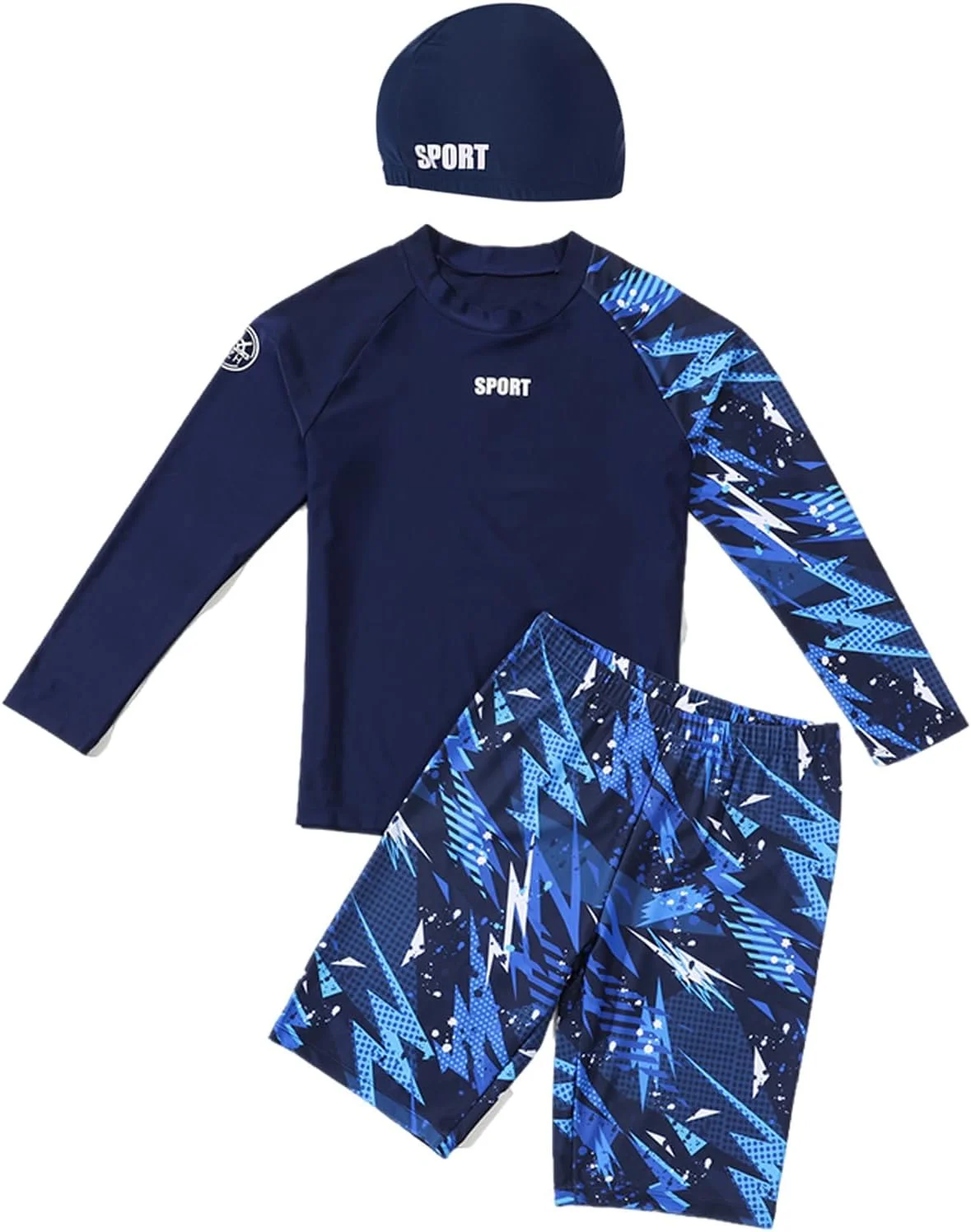 ست مایو پسرانه شامل محافظ بث و شورت شنا با قابلیت خشک شدن سریع برای پسران سایز بزرگ - ست لباس شنا آستین کوتاه 3 تکه مناسب ساحل، موج سواری و استخر برای سنین 8 تا 16 سال