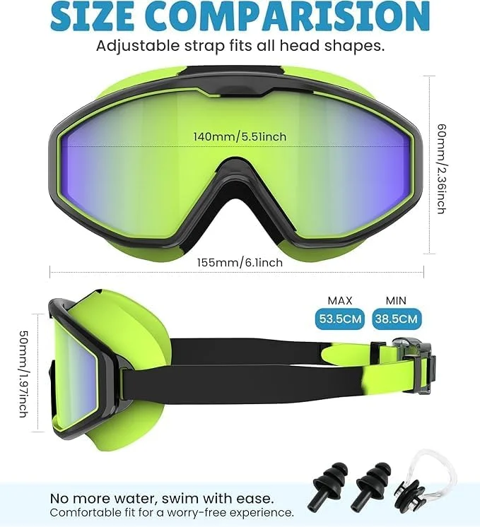 عینک شنا کودکانه، ضد بخار با محافظت 100% در برابر اشعه ماوراء بنفش، ضد نشت و ضد آب، دید پانورامایی 180 درجه، عینک استخری پلاریزه برای کودکان (2 عدد)