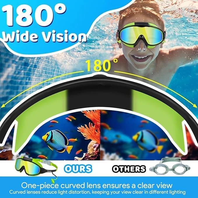 عینک شنا کودکانه، ضد بخار با محافظت 100% در برابر اشعه ماوراء بنفش، ضد نشت و ضد آب، دید پانورامایی 180 درجه، عینک استخری پلاریزه برای کودکان (2 عدد)