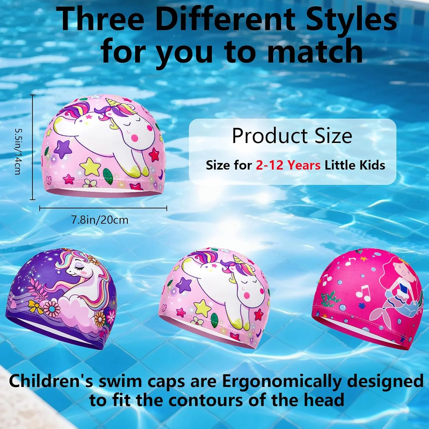 ست ۳ عددی کلاه شنا کودکانه با طرح کارتونی زیبا برای پسران و دختران ۲ تا ۱۲ سال، کلاه شنای ضد لغزش، کلاه شنای الاستیک، کلاه استخر کودک، کلاه شنا کودک نوپا