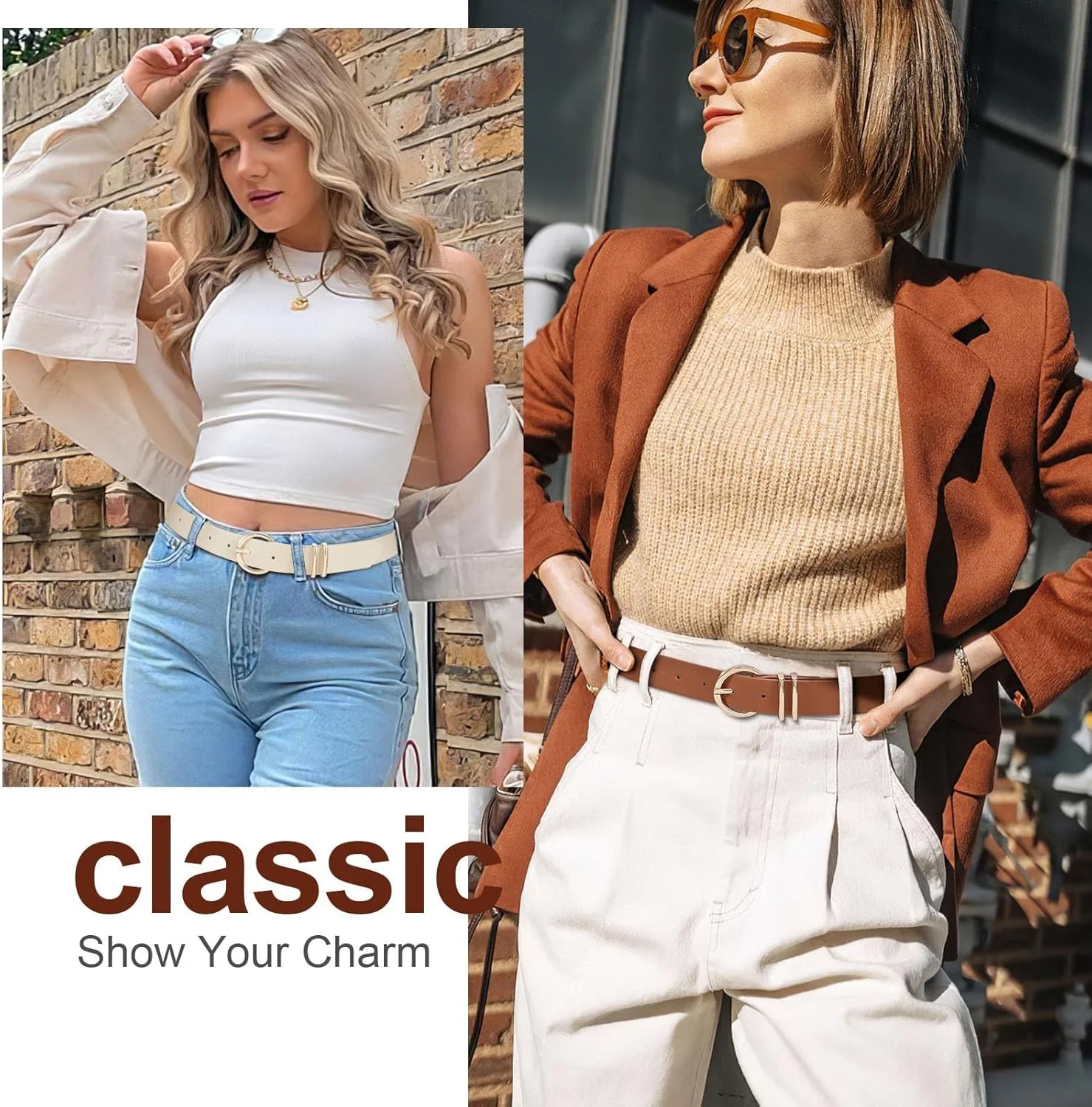 کمربند کمری چرمی Joyzzz، 2 عدد کمربند چرمی مصنوعی 105 سانتی‌متری قابل تنظیم با سگک طلایی، کمربندهای کمری شیک زنانه برای لباس و شلوار جین، لوازم جانبی مد برای بانوان