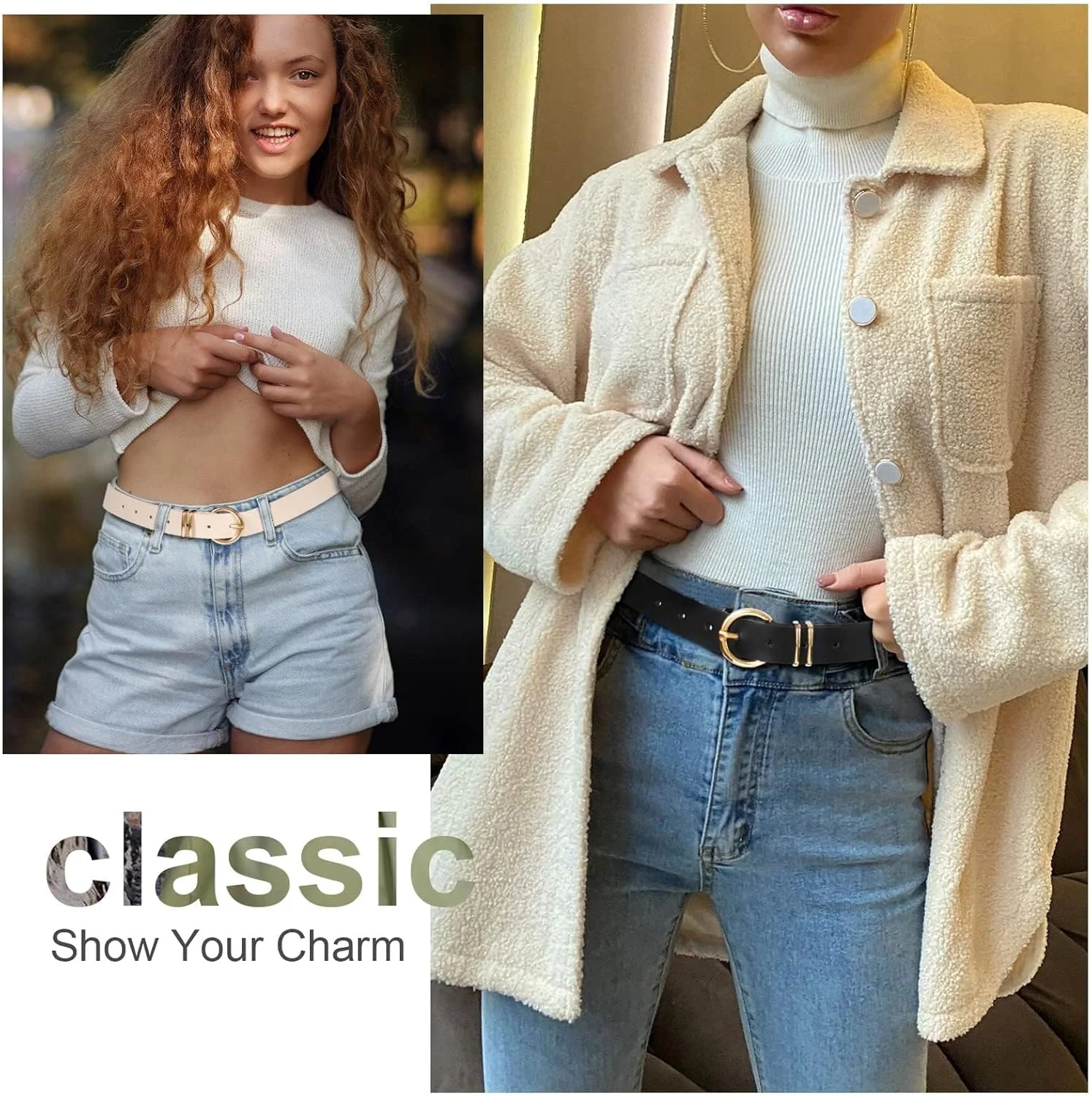 کمربند کمری چرمی Joyzzz، 2 عدد کمربند چرمی مصنوعی 105 سانتی‌متری قابل تنظیم با سگک طلایی، کمربندهای کمری شیک زنانه برای لباس و شلوار جین، لوازم جانبی مد برای بانوان