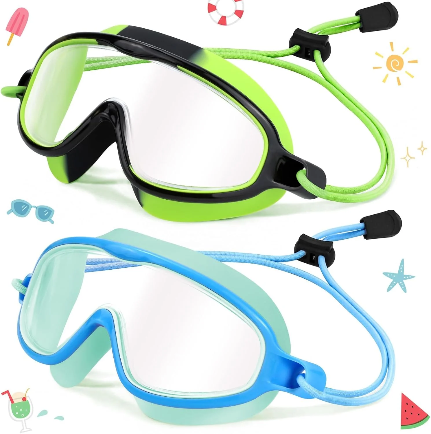 عینک شنای کودکانه BIGTHREE® با بند پارچه ای الاستیک، 2 عدد ماسک شنا، دید گسترده ضد مه UV برای کودکان 3-15 ساله دختر و پسر
