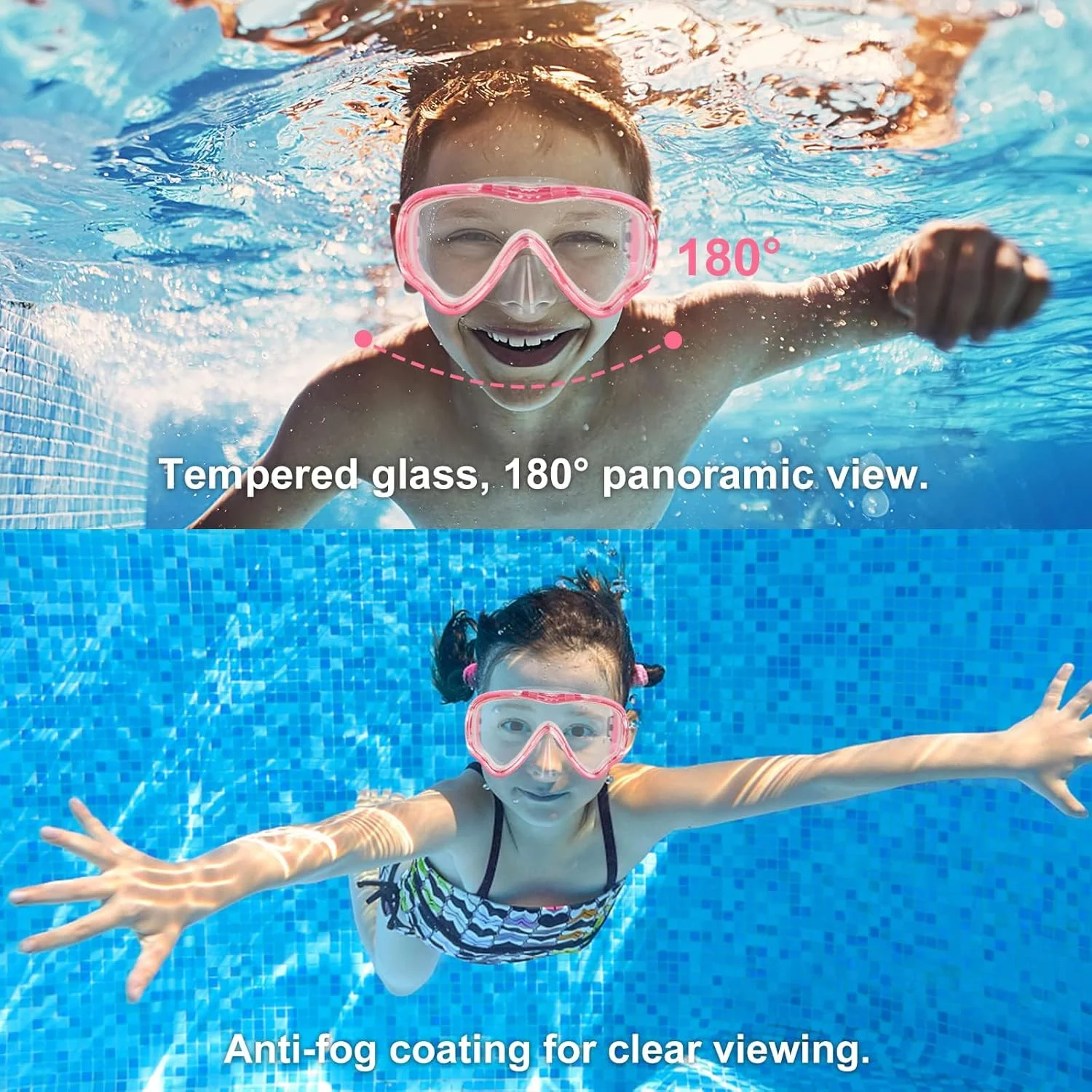 عینک شنای کودکان BIGTHREE®، 2 عدد ماسک شنا، لنز ضد شکستگی/ضد بخار/ دید پانوراما 180 درجه/ عینک شنای کودکان به همراه پوشش بینی برای کودکان 4-16 سال