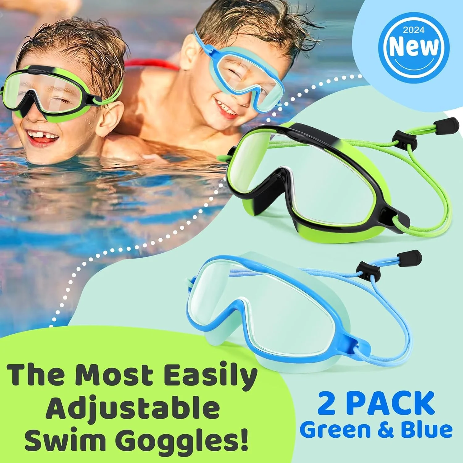 عینک شنای کودکانه BIGTHREE® با بند پارچه ای الاستیک، 2 عدد ماسک شنا، دید گسترده ضد مه UV برای کودکان 3-15 ساله دختر و پسر