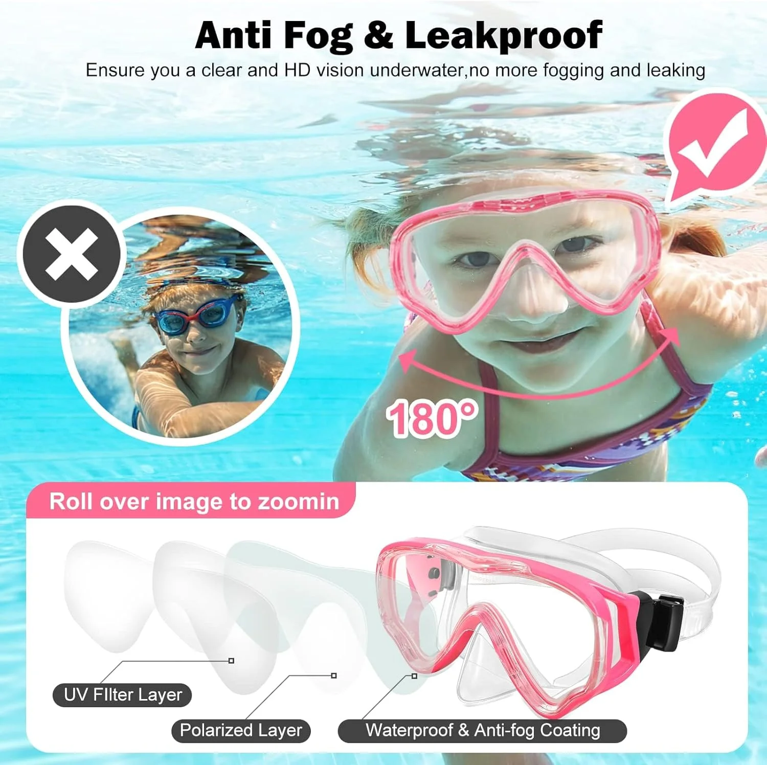 عینک شنای کودکان BIGTHREE®، 2 عدد ماسک شنا، لنز ضد شکستگی/ضد بخار/ دید پانوراما 180 درجه/ عینک شنای کودکان به همراه پوشش بینی برای کودکان 4-16 سال