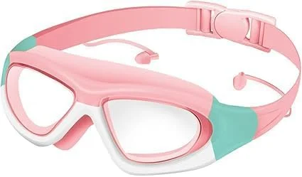 عینک شنا بچه گانه BIGTHREE، عینک HD کودکان، عینک شنا با فریم بزرگ ضد مه، عینک بچه گانه یک تکه با گوش گیر، کمربند آینه ای الاستیک، مناسب برای پسران و دختران.
