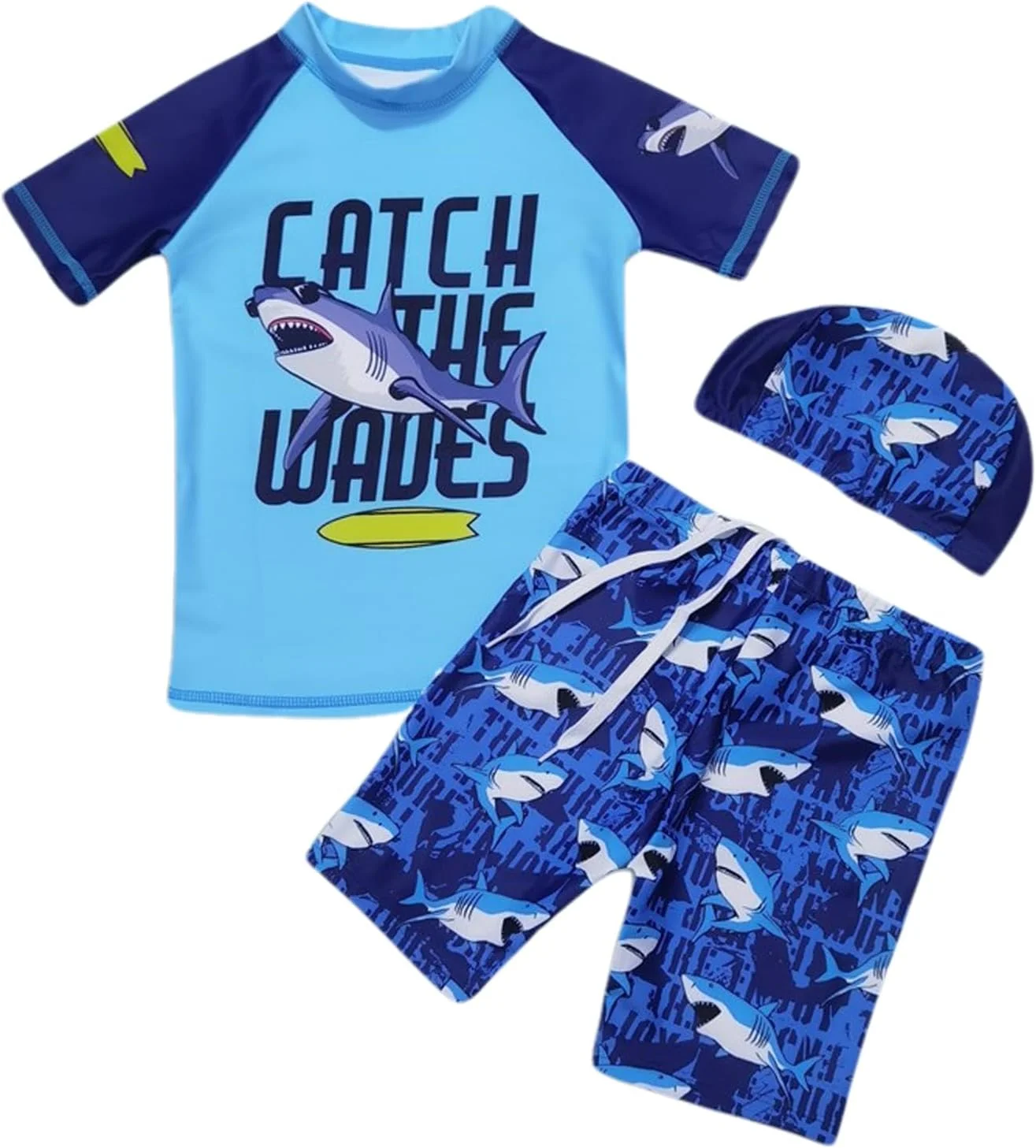 مایو پسرانه محافظ در برابر آفتاب، لباس شنای کودکانه، لباس ساحلی آستین کوتاه با کلاه طرح کوسه - ست 3 تکه محافظت در برابر آفتاب