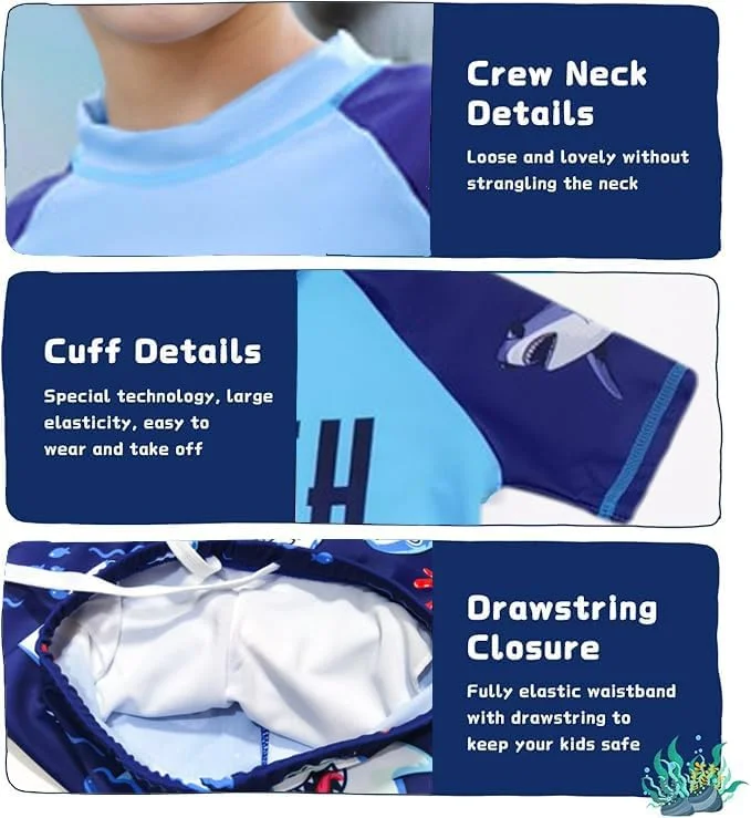 مایو پسرانه محافظ در برابر آفتاب، لباس شنای کودکانه، لباس ساحلی آستین کوتاه با کلاه طرح کوسه - ست 3 تکه محافظت در برابر آفتاب مایو پسرانه محافظ در برابر آفتاب، لباس شنای کودکانه، لباس ساحلی آستین کوتاه با کلاه طرح کوسه - ست 3 تکه محافظت در برابر آفتاب