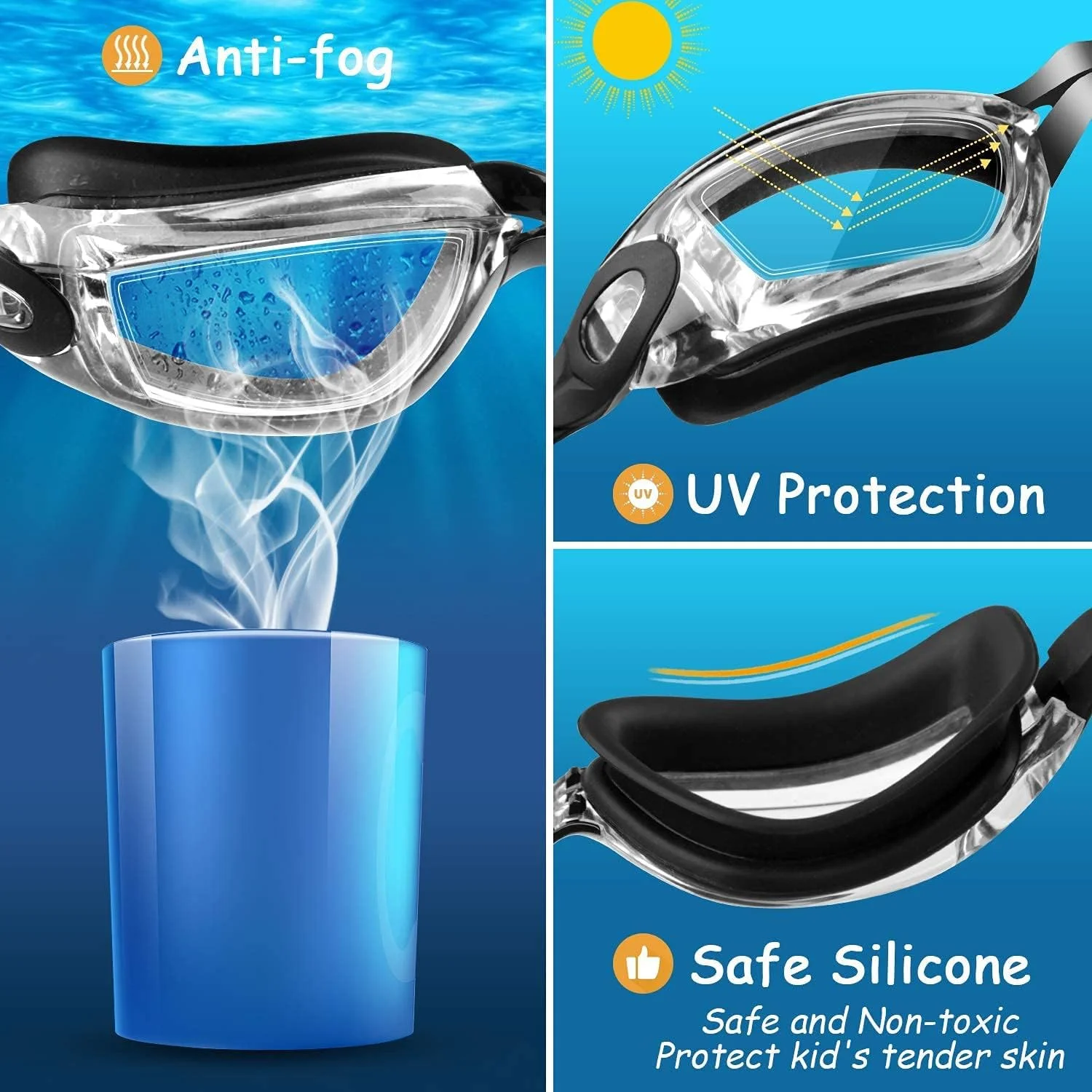 عینک شنای کودکانه BIGTHREE، بسته 2 عددی عینک شنای شفاف برای کودکان، ضد بخار، ضد آب، بدون نشتی، محافظت در برابر اشعه ماوراء بنفش (سن 3-15 سال)